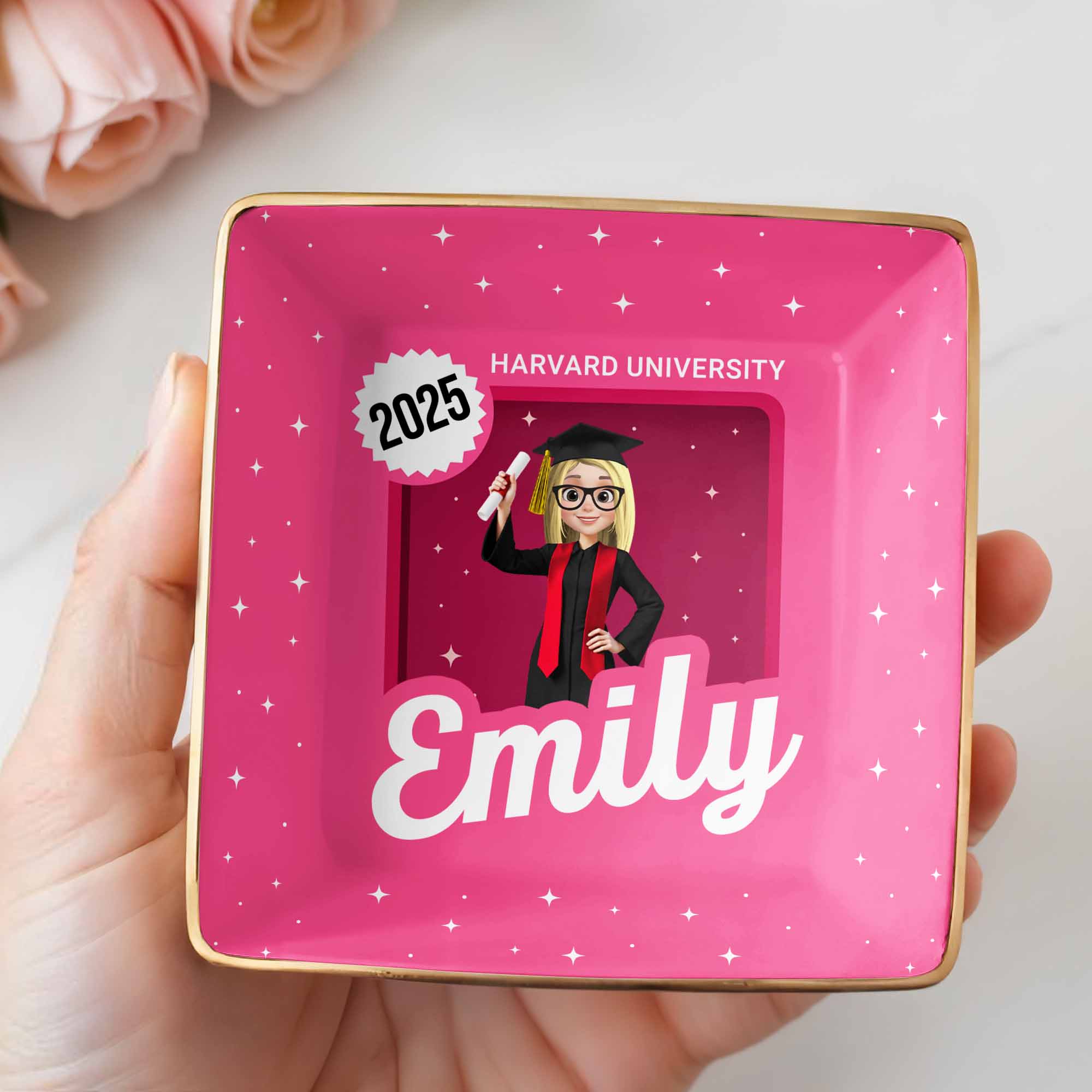 Celebrate Your Academic Achievements, Graduation Cap And Diploma - Personalized Custom Jewelry Dish, Ceramic Dish, Square Shape - GRAD332_SCRF