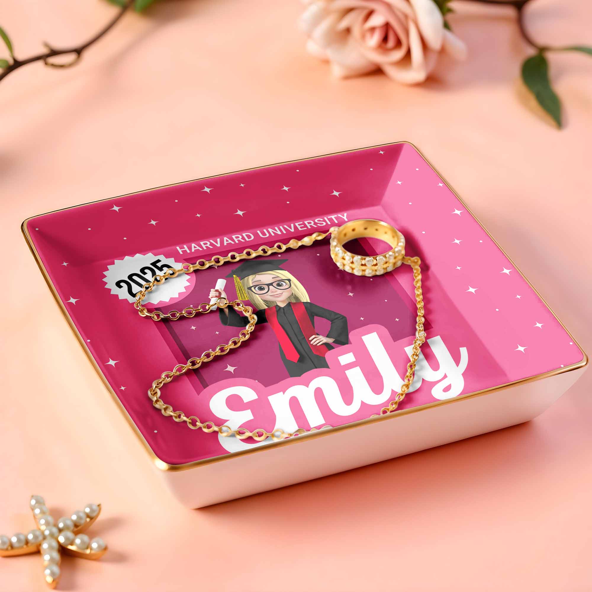 Celebrate Your Academic Achievements, Graduation Cap And Diploma - Personalized Custom Jewelry Dish, Ceramic Dish, Square Shape - GRAD332_SCRF