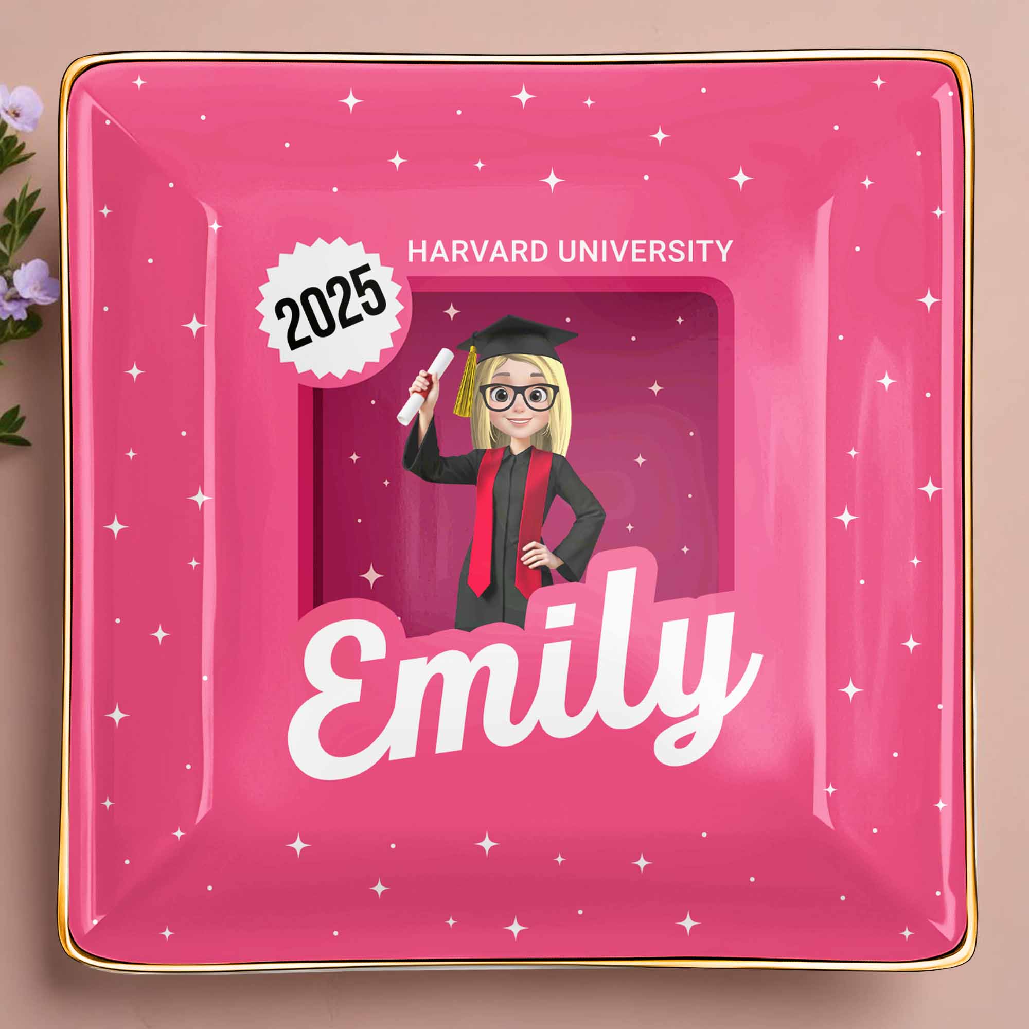 Celebrate Your Academic Achievements, Graduation Cap And Diploma - Personalized Custom Jewelry Dish, Ceramic Dish, Square Shape - GRAD332_SCRF
