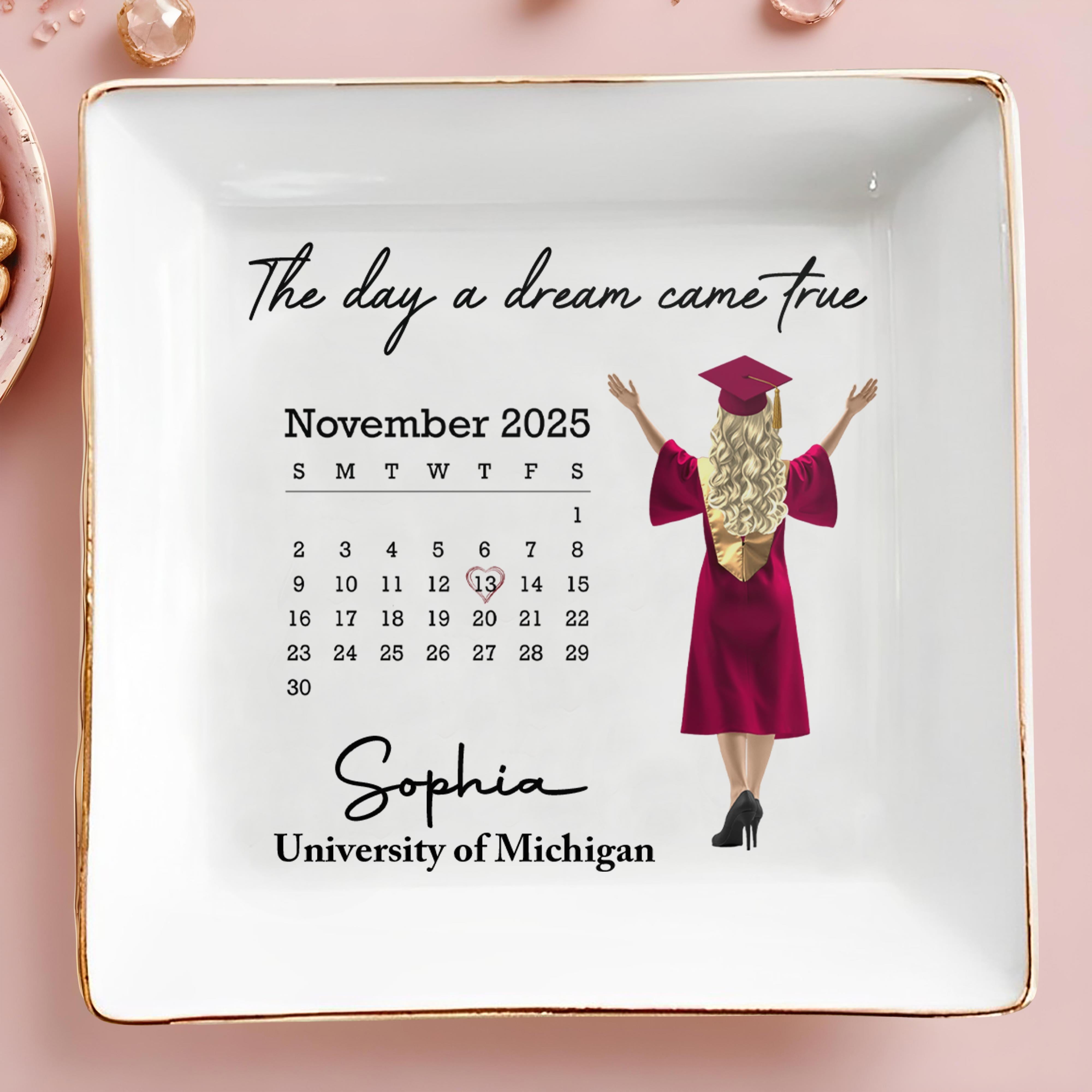 The Day A Dream Came True, Graduate With Cap - Personalized Custom Jewelry Dish, Square Ceramic Dish - GRAD341_SCRD