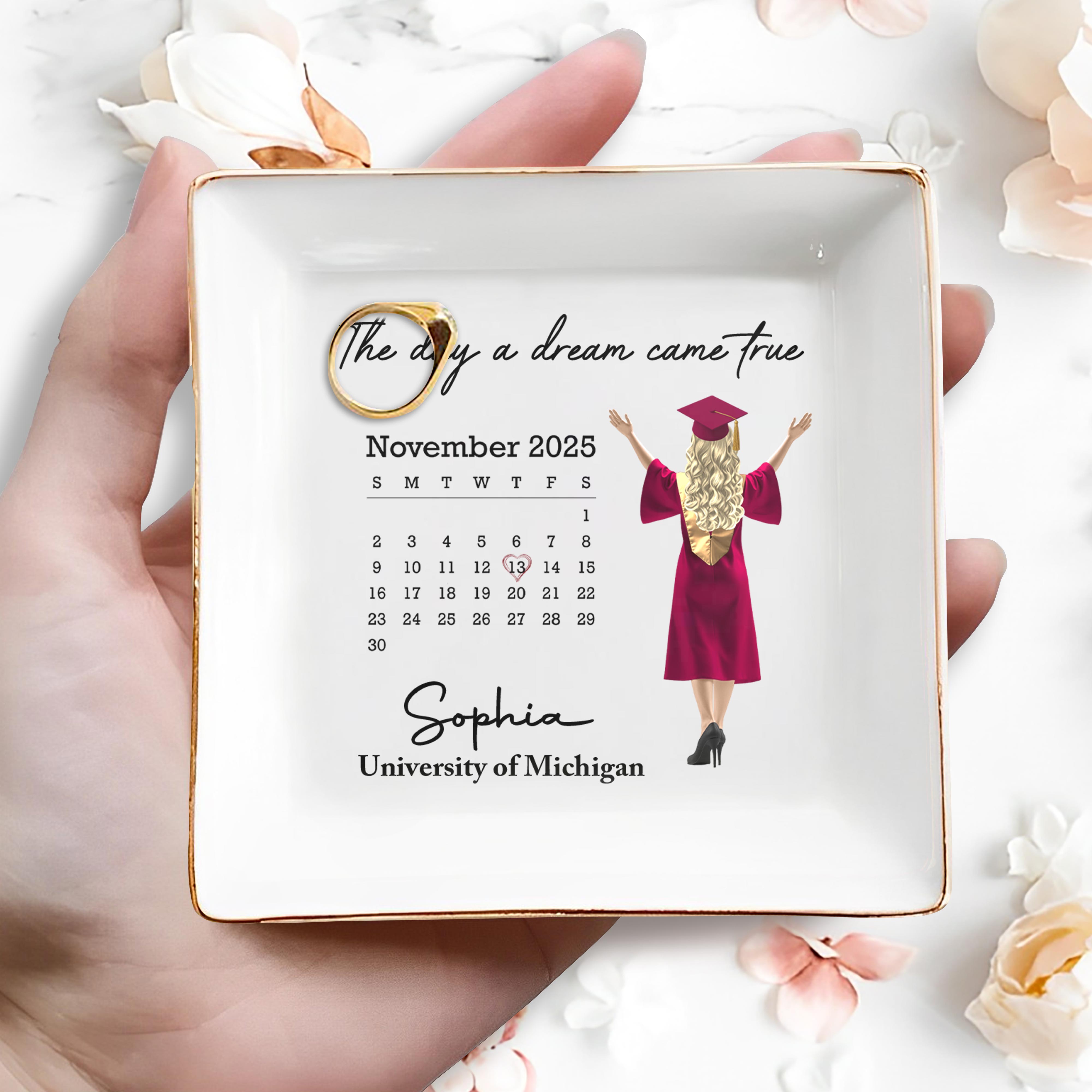 The Day A Dream Came True, Graduate With Cap - Personalized Custom Jewelry Dish, Square Ceramic Dish - GRAD341_SCRD