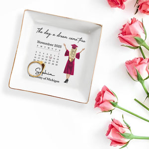 The Day A Dream Came True, Graduate With Cap - Personalized Custom Jewelry Dish, Square Ceramic Dish - GRAD341_SCRD