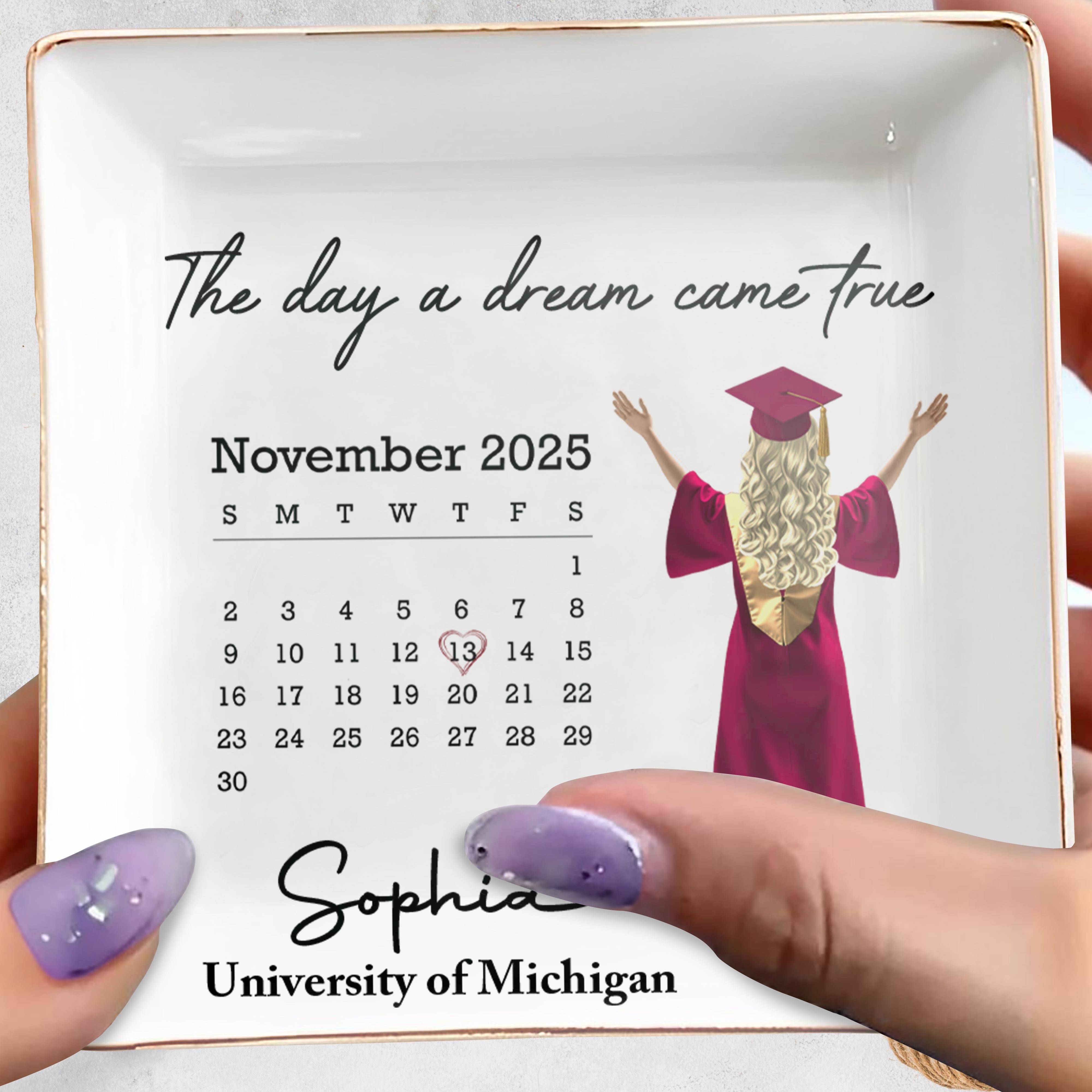 The Day A Dream Came True, Graduate With Cap - Personalized Custom Jewelry Dish, Square Ceramic Dish - GRAD341_SCRD
