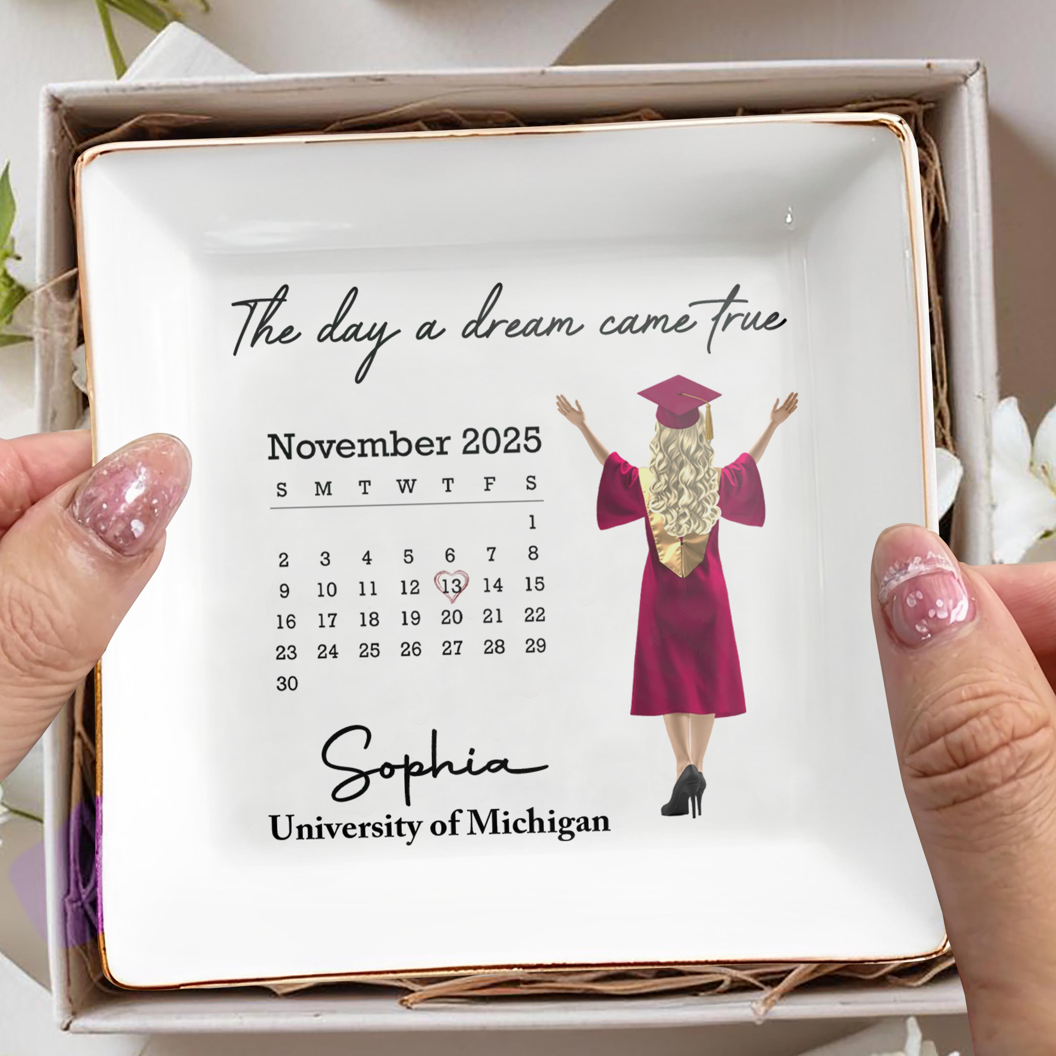 The Day A Dream Came True, Graduate With Cap - Personalized Custom Jewelry Dish, Square Ceramic Dish - GRAD341_SCRD