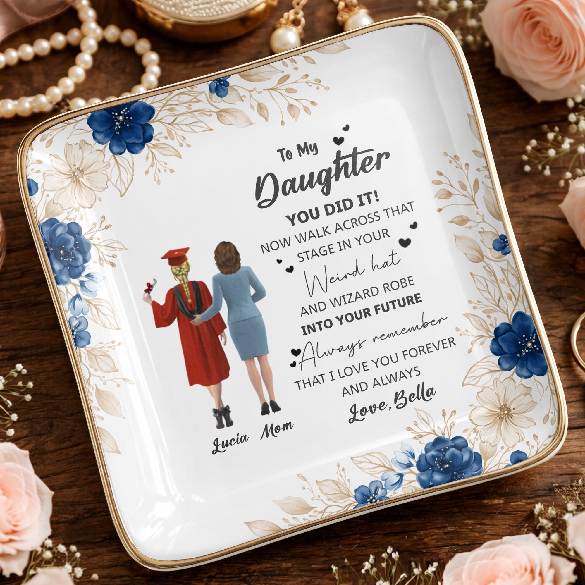 To My Daughter, You Did It, Graduation Cap And Gown - Personalized Custom Jewelry Dish, Ceramic Dish, Square Shape - GRAD343_SCRF