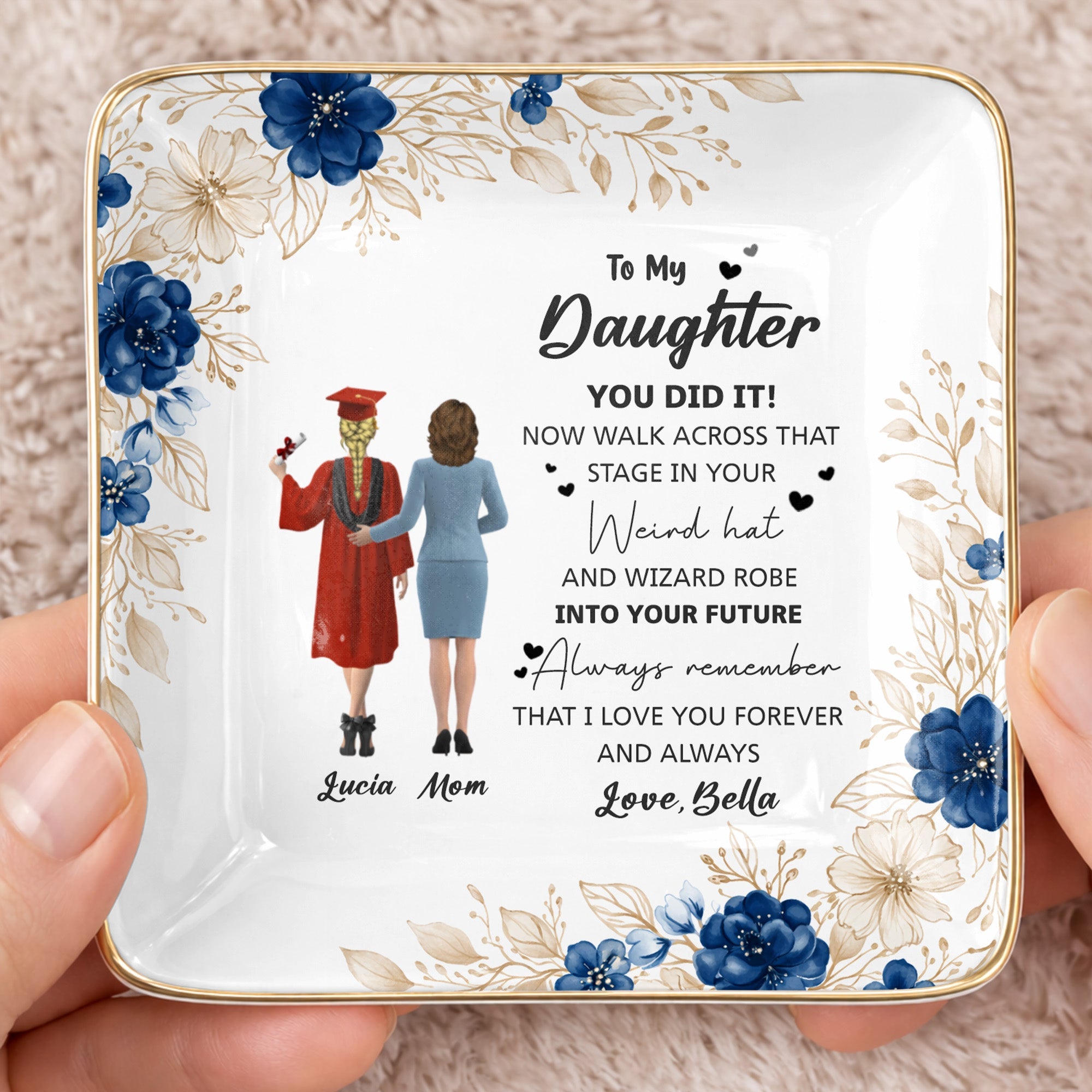 To My Daughter, You Did It, Graduation Cap And Gown - Personalized Custom Jewelry Dish, Ceramic Dish, Square Shape - GRAD343_SCRF