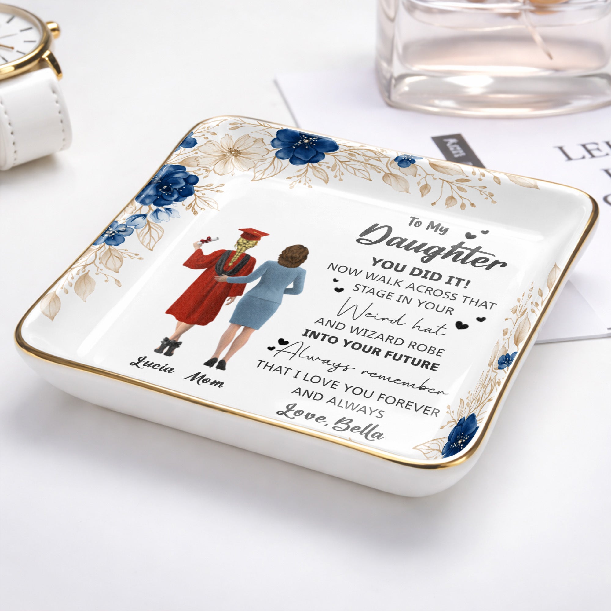 To My Daughter, You Did It, Graduation Cap And Gown - Personalized Custom Jewelry Dish, Ceramic Dish, Square Shape - GRAD343_SCRF