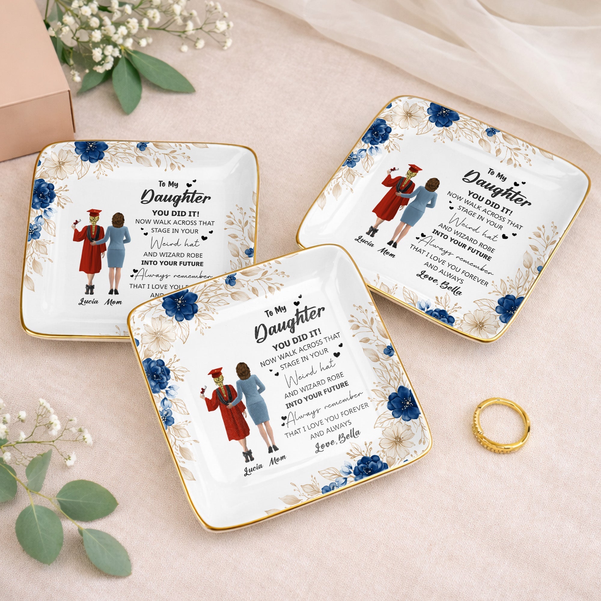 To My Daughter, You Did It, Graduation Cap And Gown - Personalized Custom Jewelry Dish, Ceramic Dish, Square Shape - GRAD343_SCRF