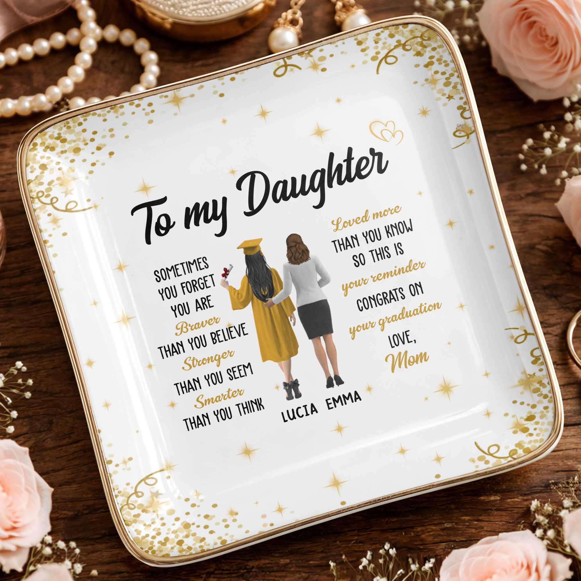 To My Daughter, Braver, Stronger, Smarter - Personalized Custom Jewelry Dish, Ceramic Dish, Square Shape - GRAD345_SCRF