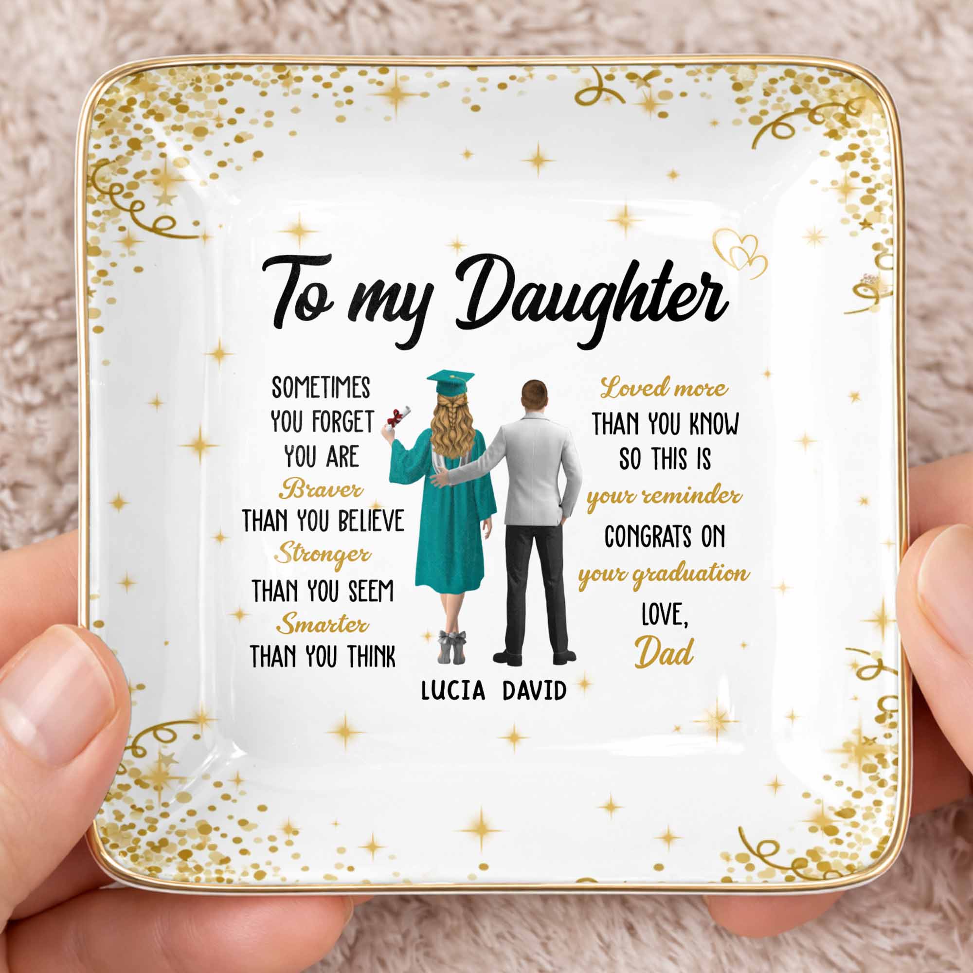 To My Daughter, Braver, Stronger, Smarter - Personalized Custom Jewelry Dish, Ceramic Dish, Square Shape - GRAD345_SCRF
