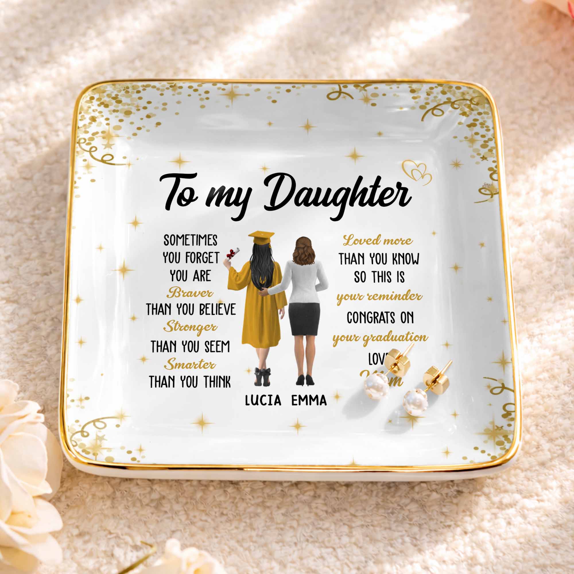 To My Daughter, Braver, Stronger, Smarter - Personalized Custom Jewelry Dish, Ceramic Dish, Square Shape - GRAD345_SCRF