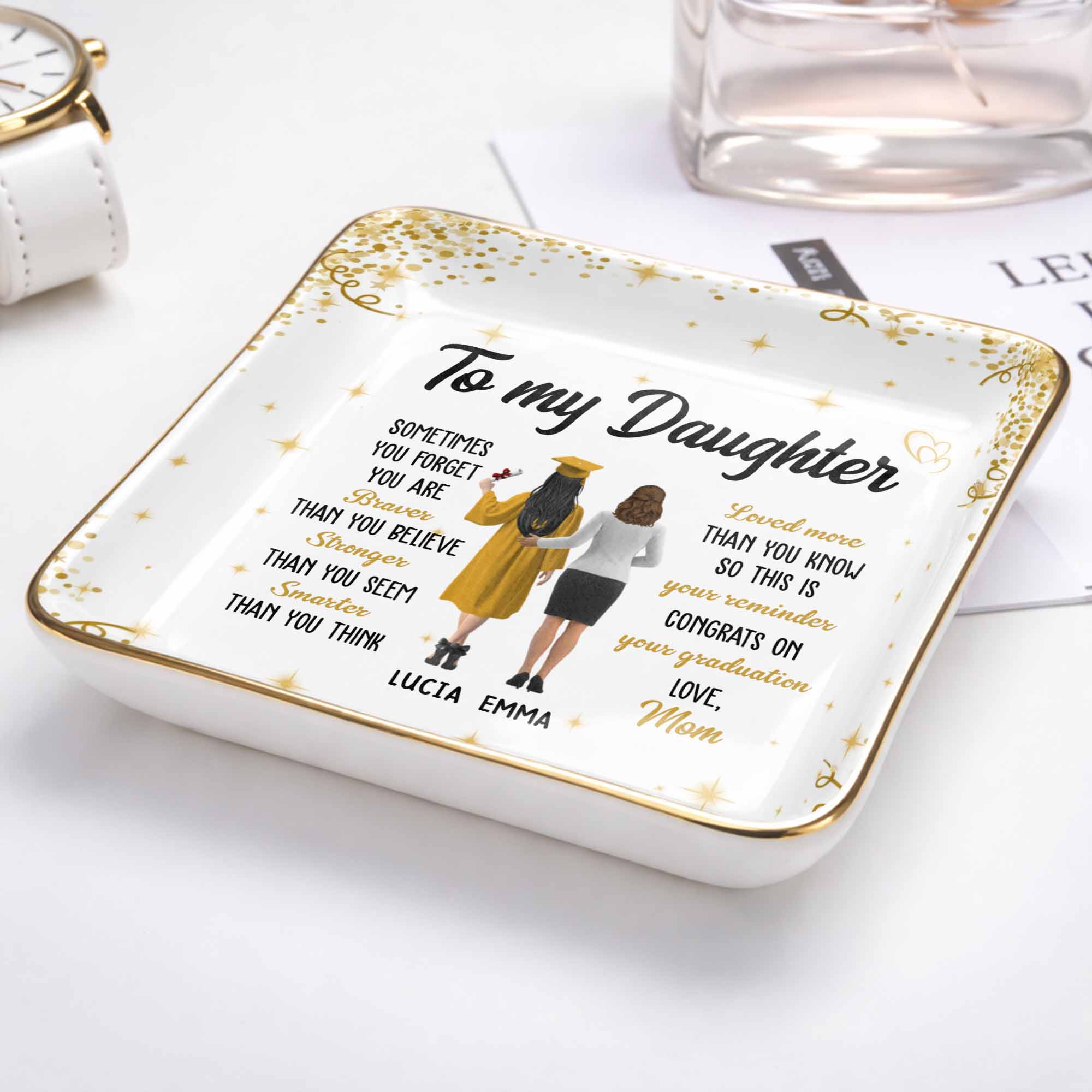 To My Daughter, Braver, Stronger, Smarter - Personalized Custom Jewelry Dish, Ceramic Dish, Square Shape - GRAD345_SCRF