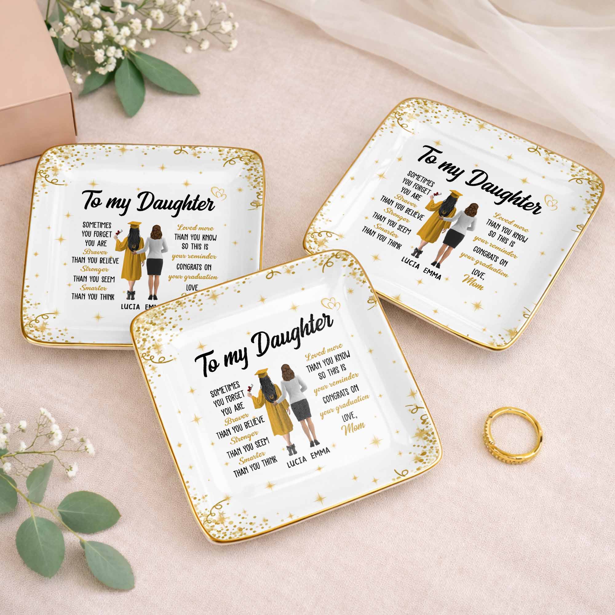 To My Daughter, Braver, Stronger, Smarter - Personalized Custom Jewelry Dish, Ceramic Dish, Square Shape - GRAD345_SCRF