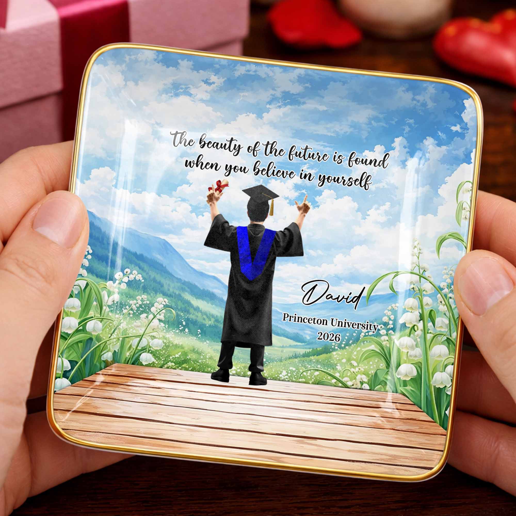 Believe In Yourself, Graduate and Nature Scenery - Personalized Custom Jewelry Dish, Ceramic Dish, Square Shape - GRAD348_SCRF