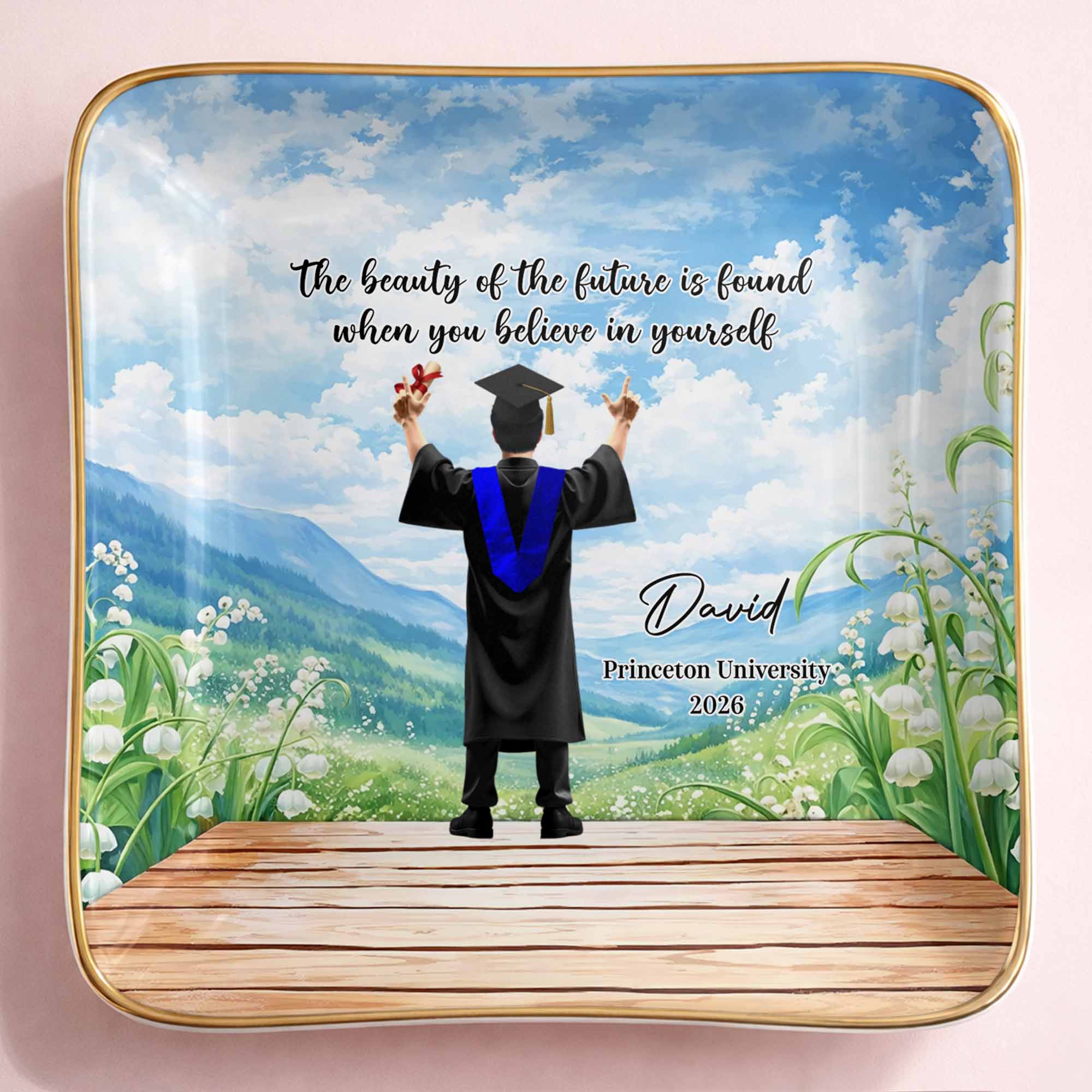 Believe In Yourself, Graduate and Nature Scenery - Personalized Custom Jewelry Dish, Ceramic Dish, Square Shape - GRAD348_SCRF