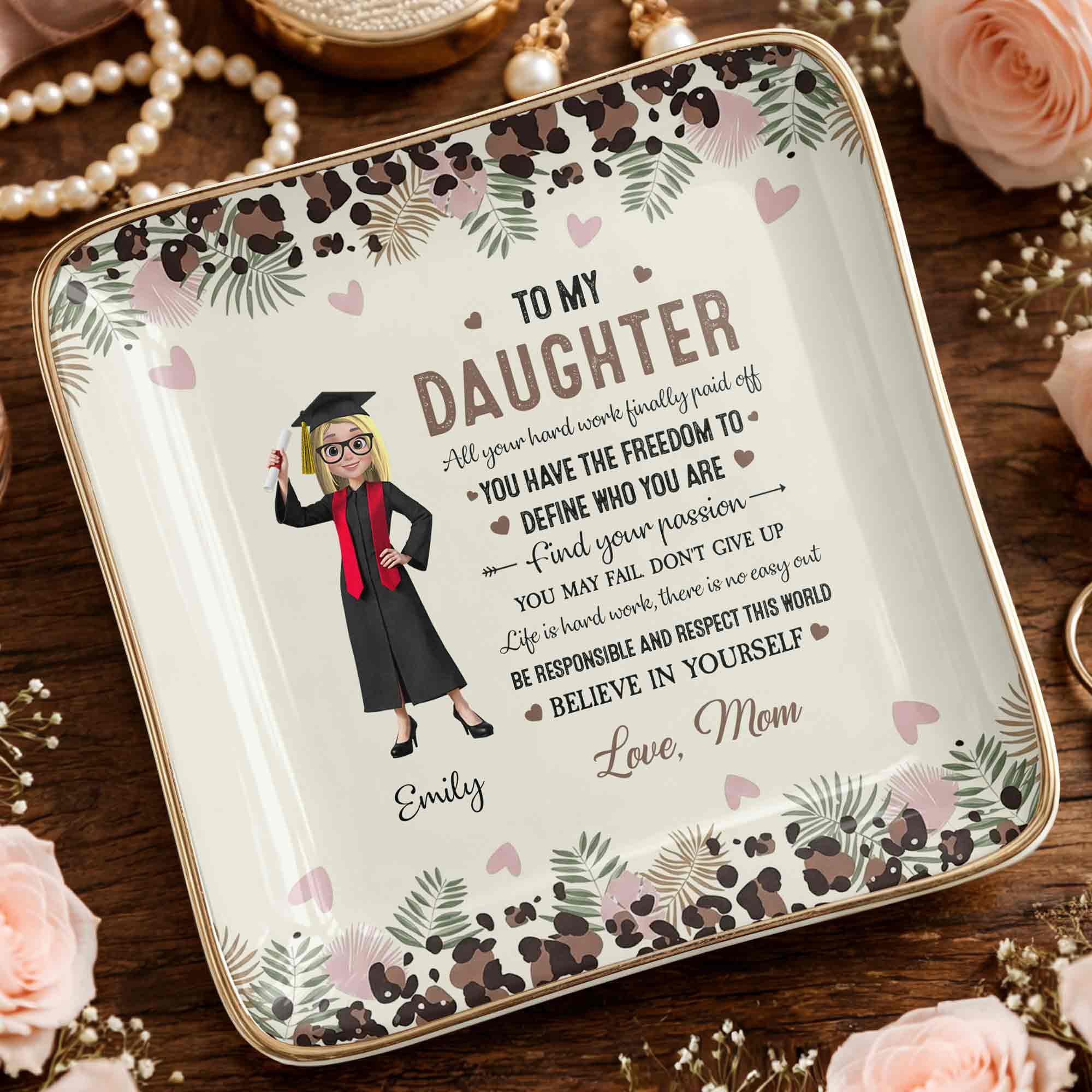 To My Daughter, Graduation Cap And Flowers - Personalized Custom Jewelry Dish, Ceramic Dish, Square Shape - GRAD349_SCRF