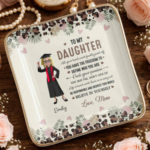 To My Daughter, Graduation Cap And Flowers - Personalized Custom Jewelry Dish, Ceramic Dish, Square Shape - GRAD349_SCRF