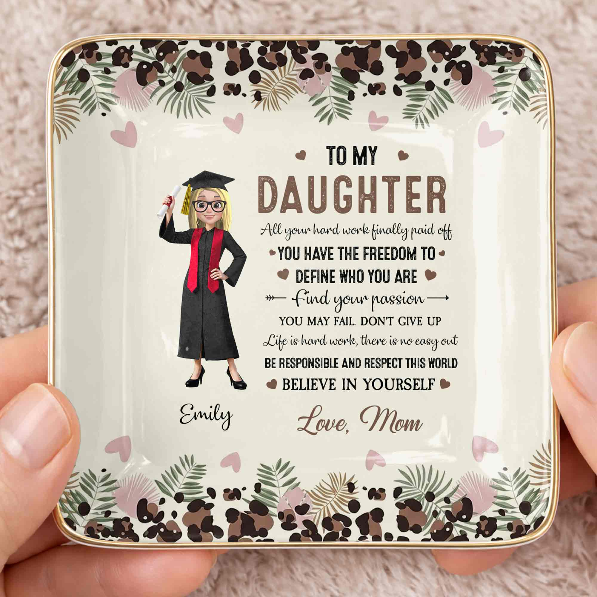 To My Daughter, Graduation Cap And Flowers - Personalized Custom Jewelry Dish, Ceramic Dish, Square Shape - GRAD349_SCRF