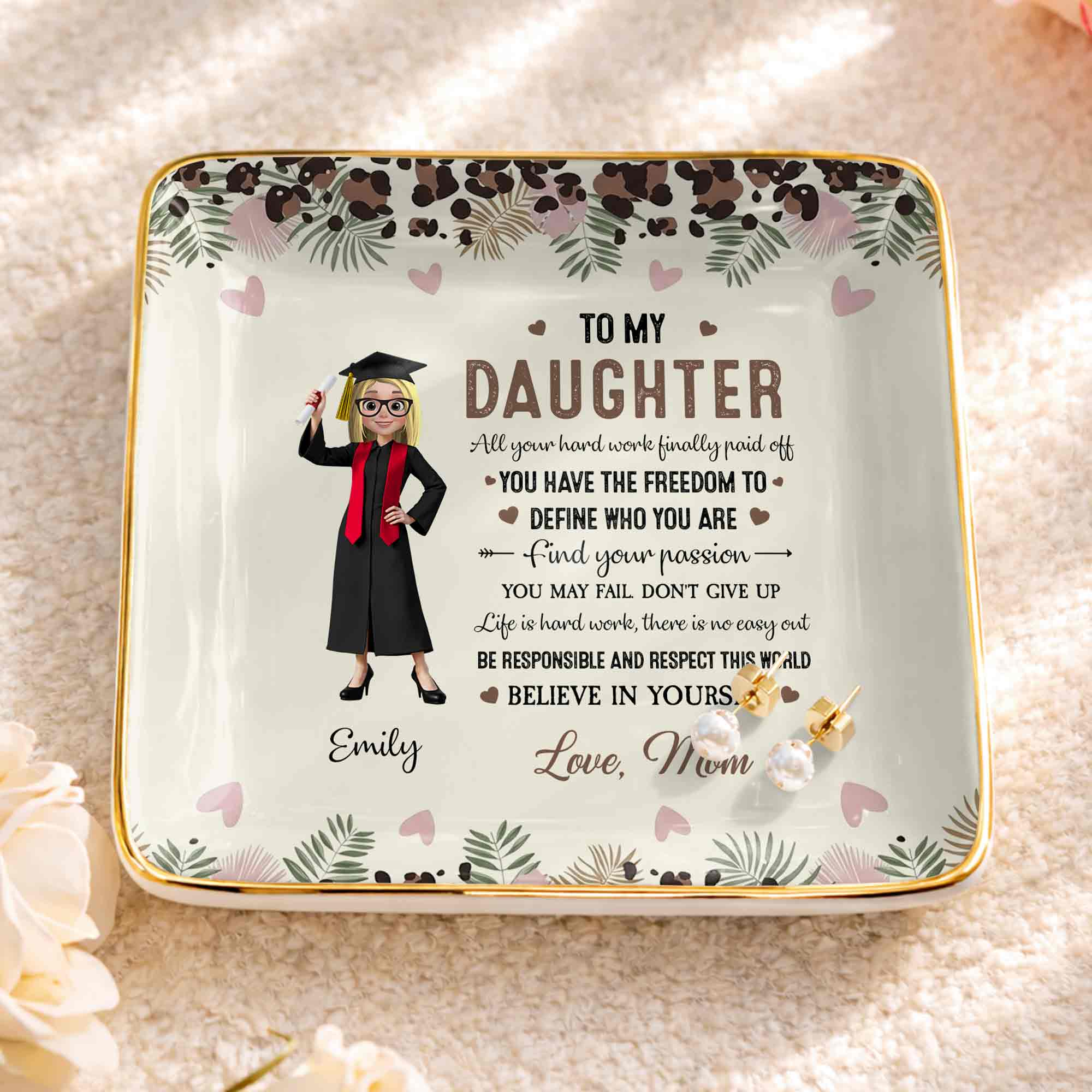 To My Daughter, Graduation Cap And Flowers - Personalized Custom Jewelry Dish, Ceramic Dish, Square Shape - GRAD349_SCRF