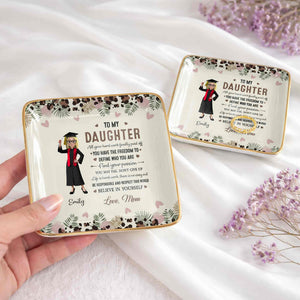 To My Daughter, Graduation Cap And Flowers - Personalized Custom Jewelry Dish, Ceramic Dish, Square Shape - GRAD349_SCRF