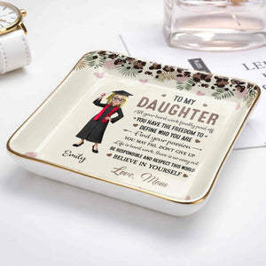 To My Daughter, Graduation Cap And Flowers - Personalized Custom Jewelry Dish, Ceramic Dish, Square Shape - GRAD349_SCRF