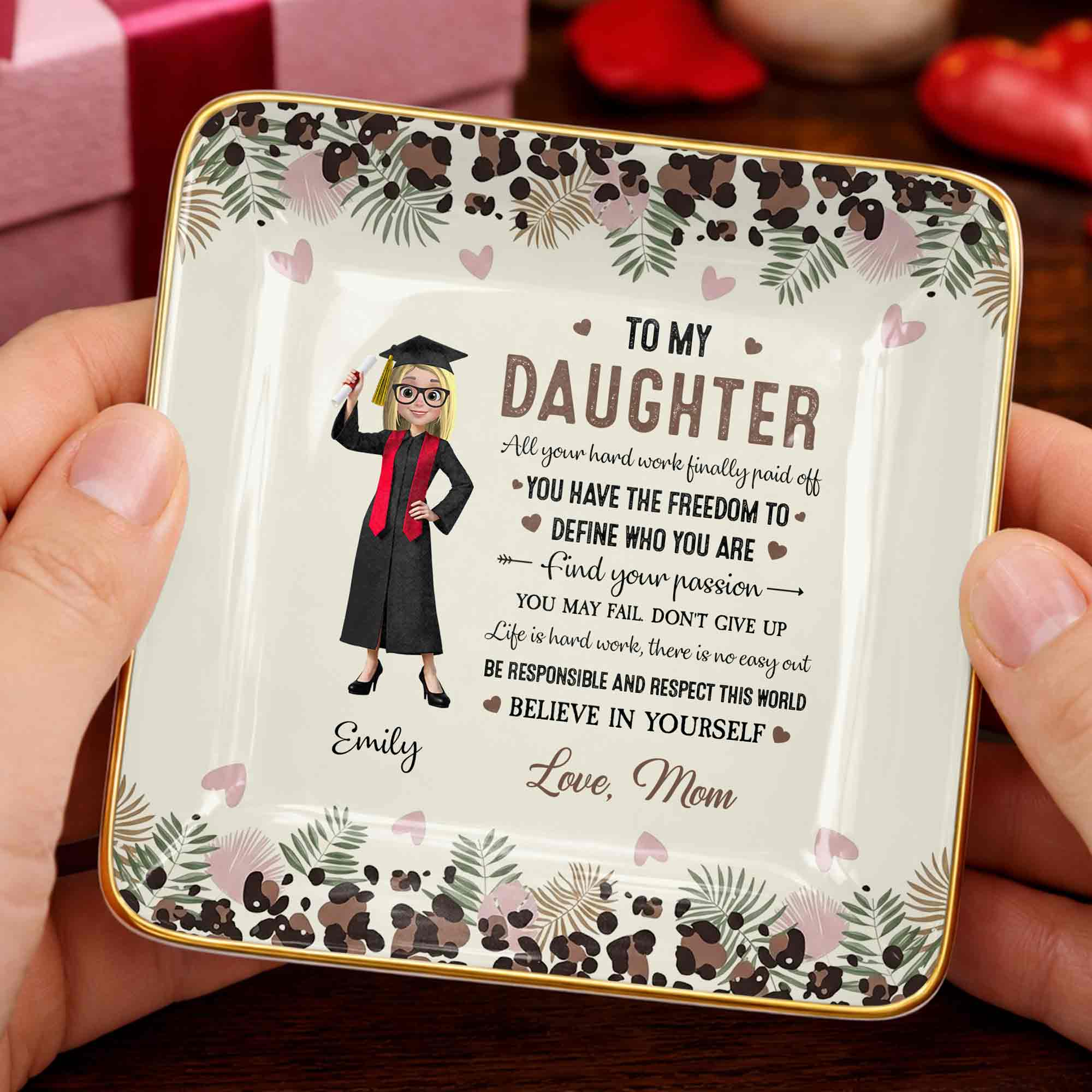 To My Daughter, Graduation Cap And Flowers - Personalized Custom Jewelry Dish, Ceramic Dish, Square Shape - GRAD349_SCRF
