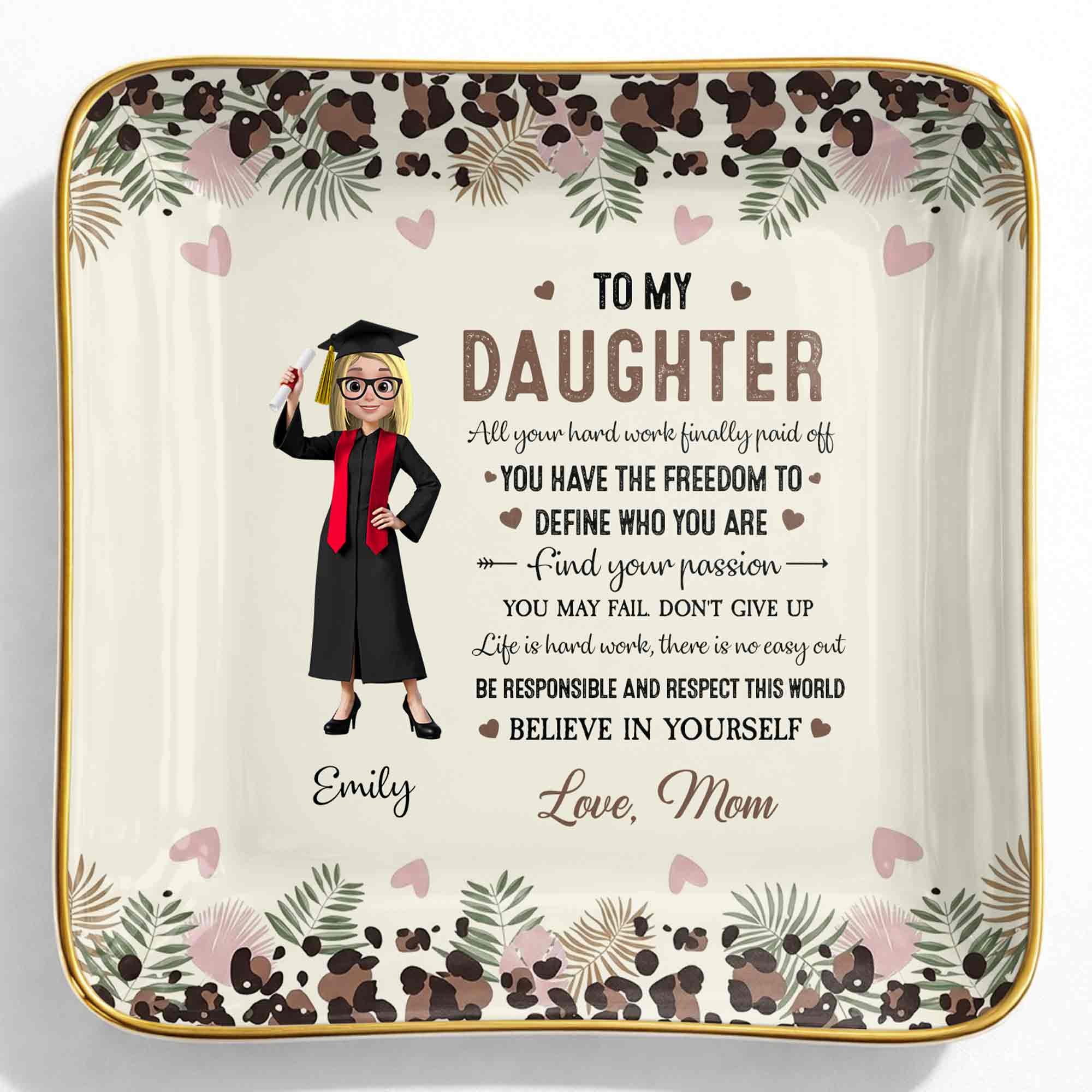 To My Daughter, Graduation Cap And Flowers - Personalized Custom Jewelry Dish, Ceramic Dish, Square Shape - GRAD349_SCRF