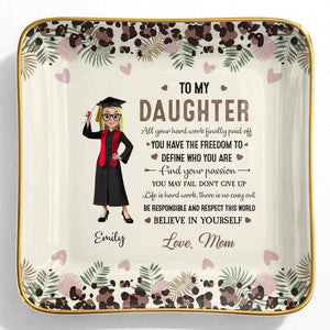 To My Daughter, Graduation Cap And Flowers - Personalized Custom Jewelry Dish, Ceramic Dish, Square Shape - GRAD349_SCRF