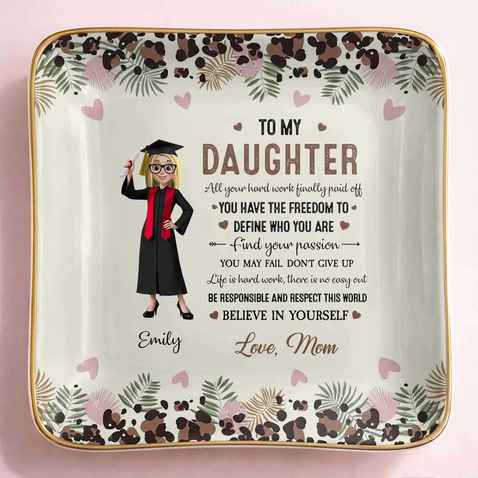 To My Daughter, Graduation Cap And Flowers - Personalized Custom Jewelry Dish, Ceramic Dish, Square Shape - GRAD349_SCRF