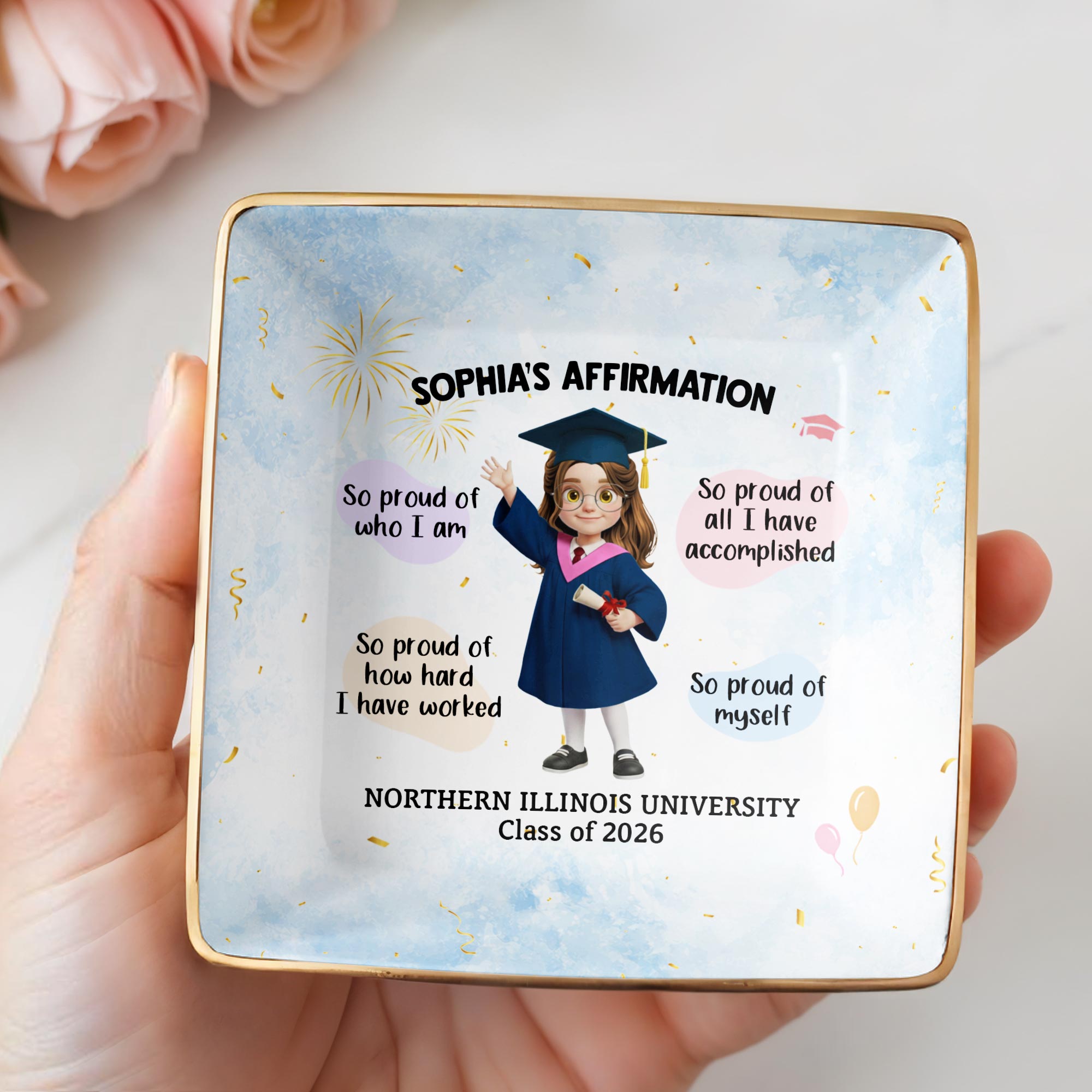 My Affirmation So Proud Of Myself Graduation Girl With Fireworks - Personalized Custom Jewelry Dish, Ceramic Dish, Square Shape - GRAD368_SCRF