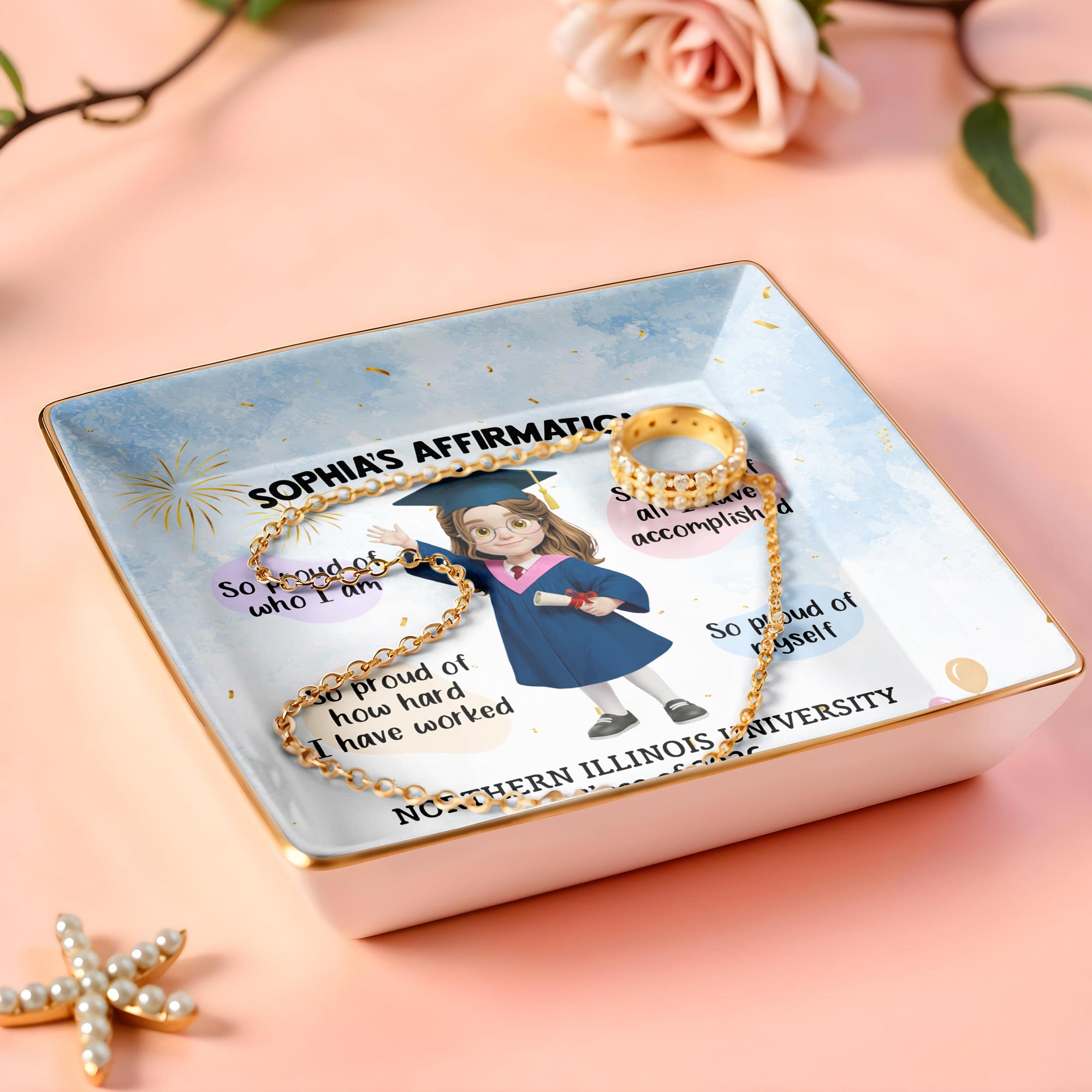 My Affirmation So Proud Of Myself Graduation Girl With Fireworks - Personalized Custom Jewelry Dish, Ceramic Dish, Square Shape - GRAD368_SCRF