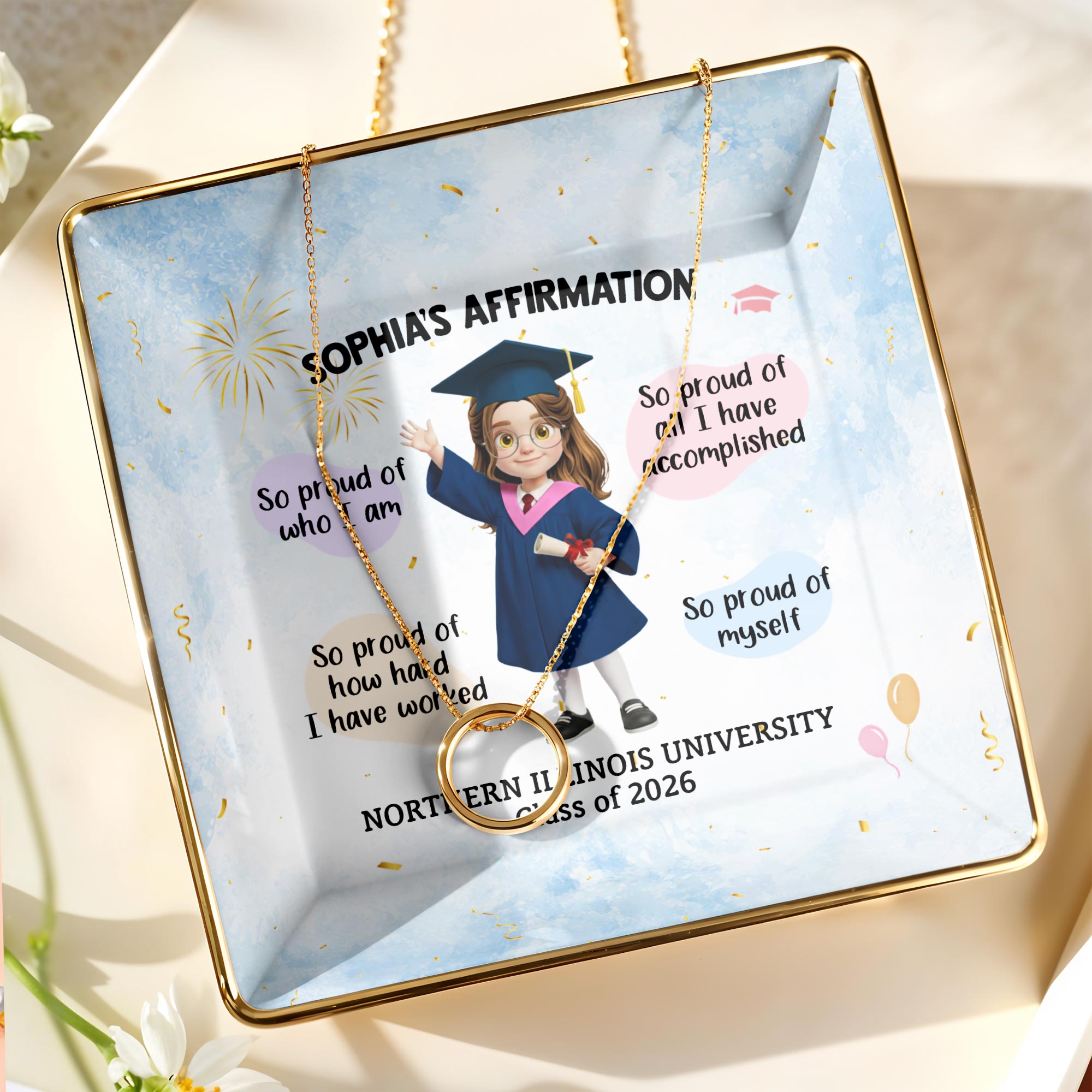 My Affirmation So Proud Of Myself Graduation Girl With Fireworks - Personalized Custom Jewelry Dish, Ceramic Dish, Square Shape - GRAD368_SCRF