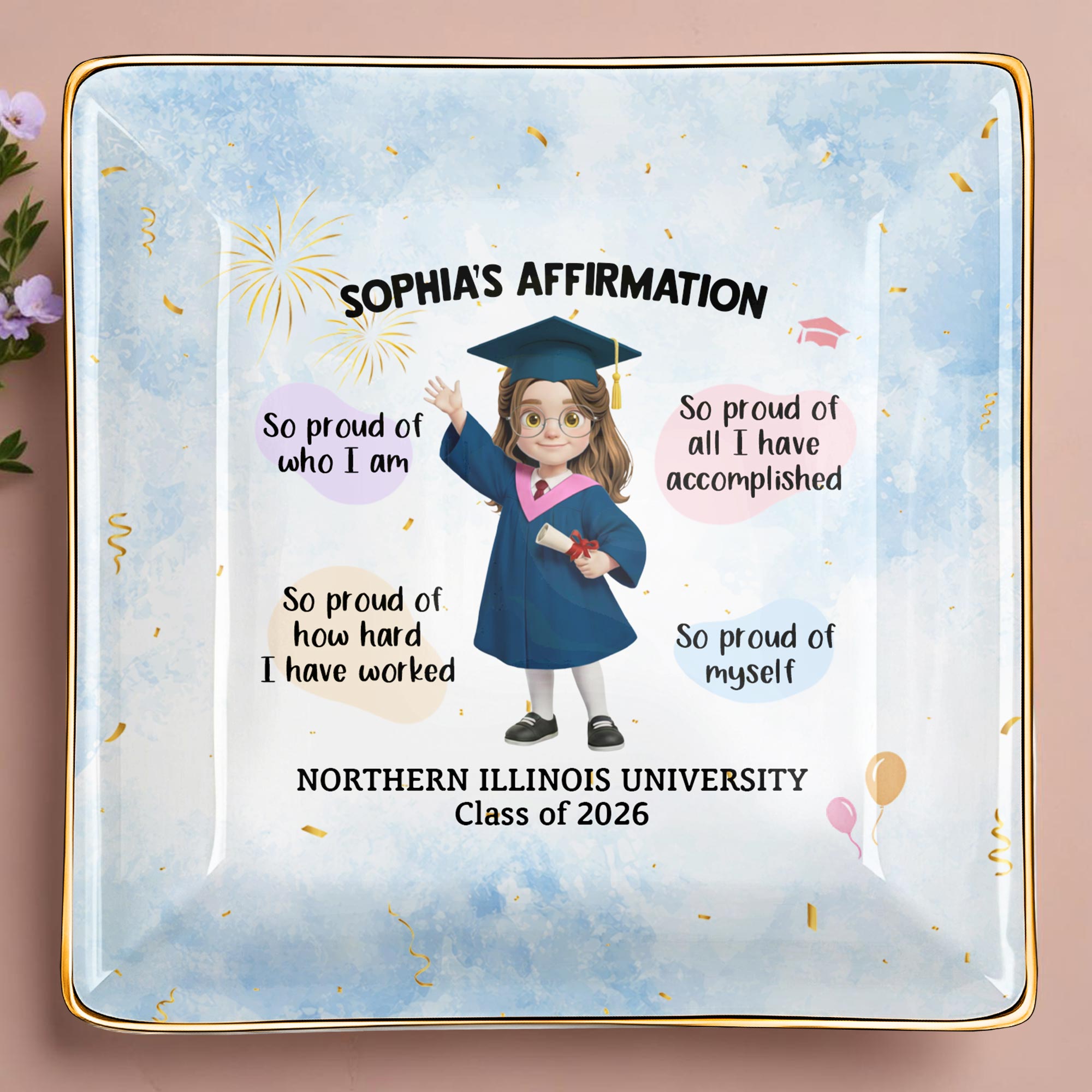 My Affirmation So Proud Of Myself Graduation Girl With Fireworks - Personalized Custom Jewelry Dish, Ceramic Dish, Square Shape - GRAD368_SCRF