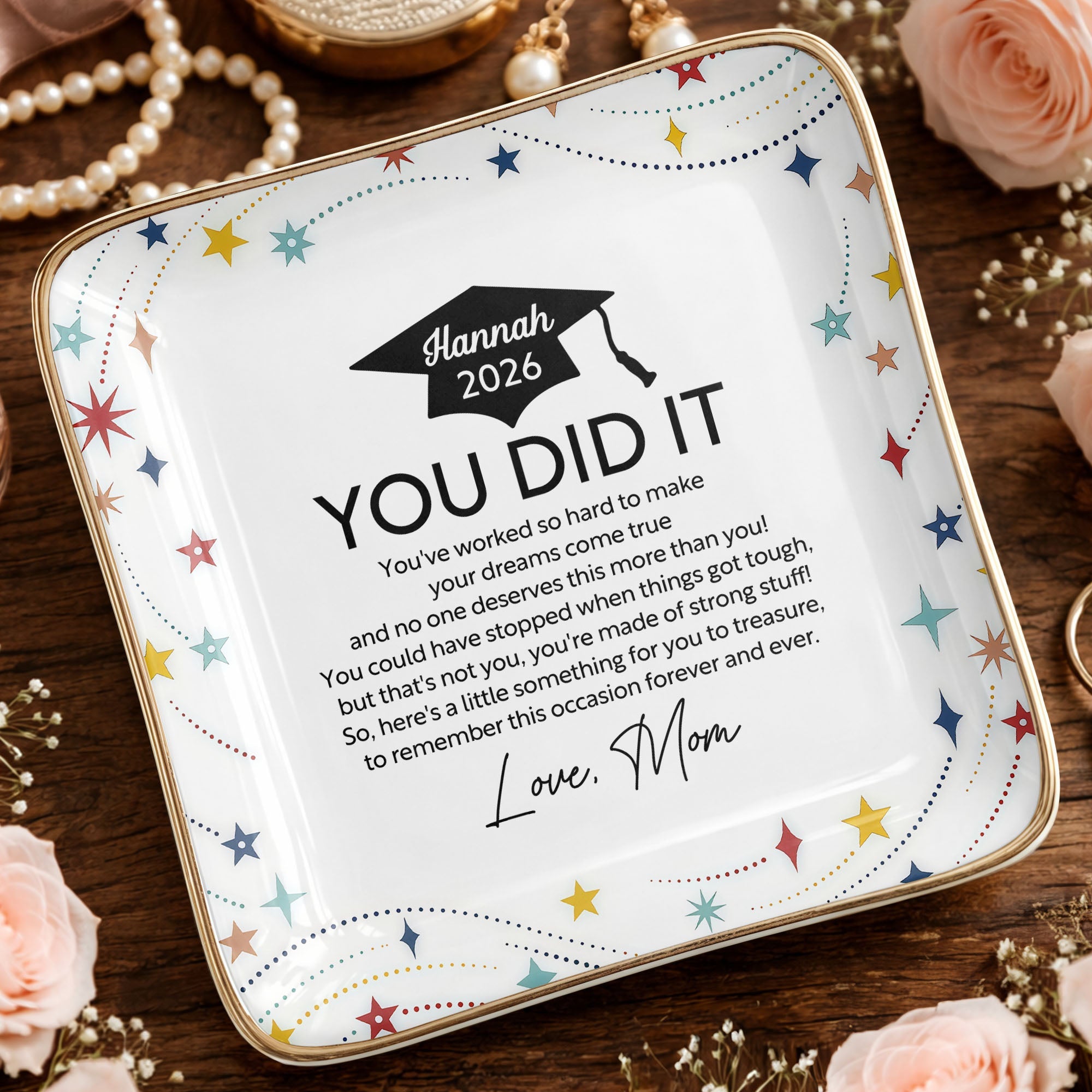 You Did It Graduation Cap And Stars - Personalized Custom Jewelry Dish, Ceramic Dish, Square Shape - GRAD372_SCRF