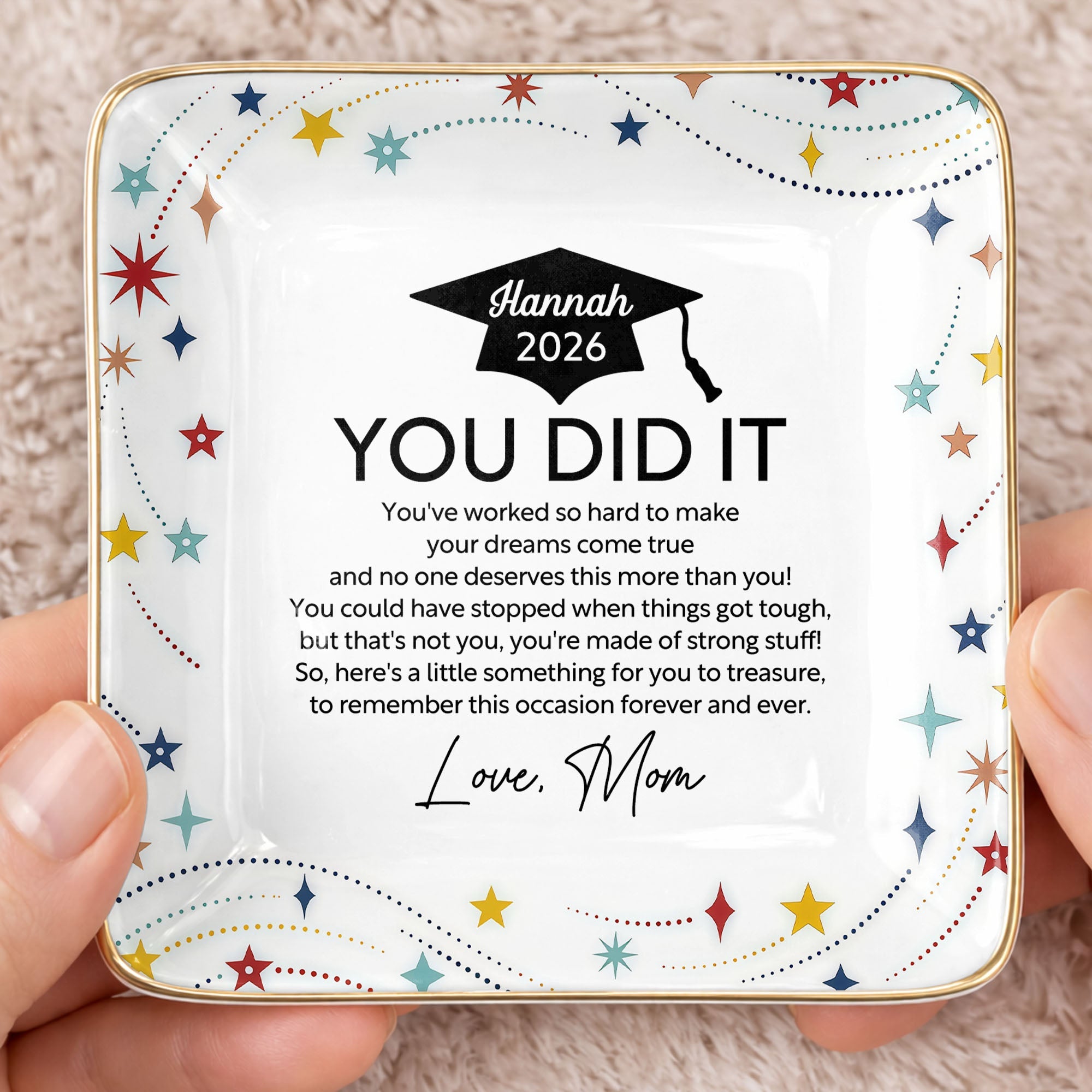 You Did It Graduation Cap And Stars - Personalized Custom Jewelry Dish, Ceramic Dish, Square Shape - GRAD372_SCRF