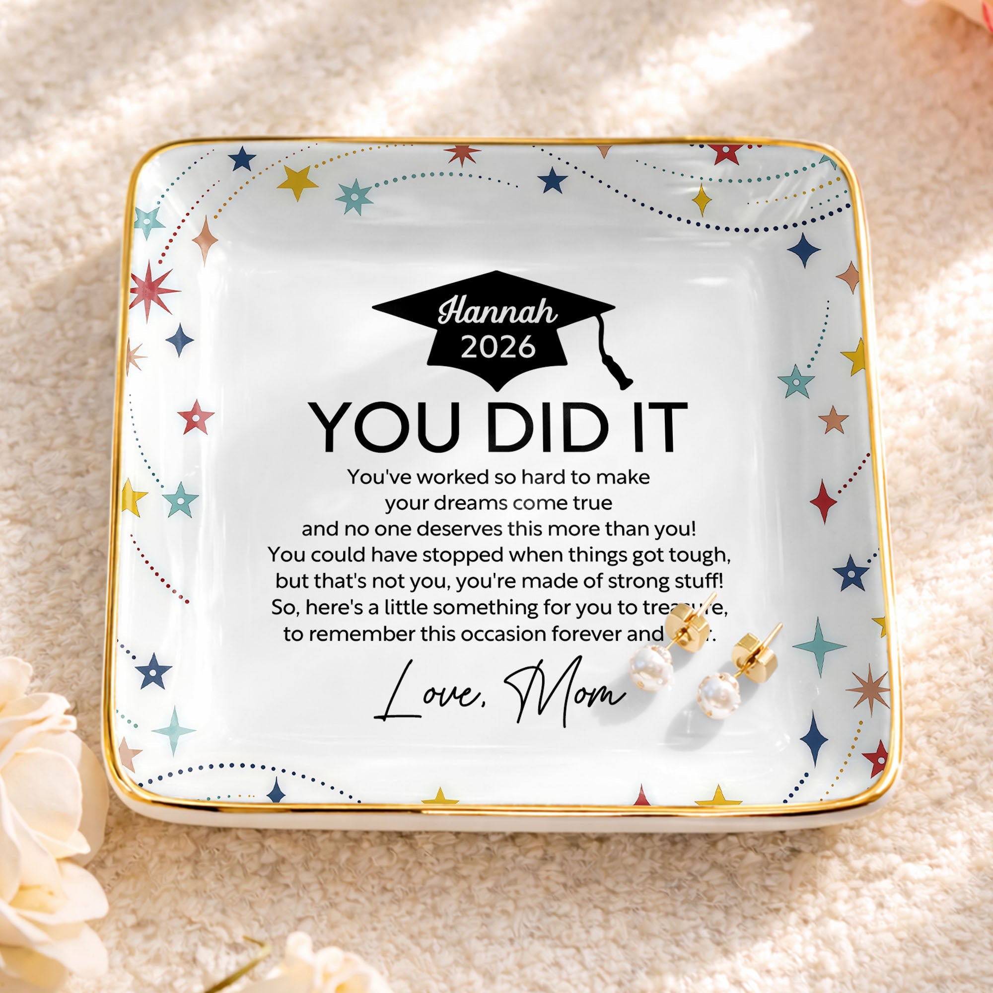 You Did It Graduation Cap And Stars - Personalized Custom Jewelry Dish, Ceramic Dish, Square Shape - GRAD372_SCRF