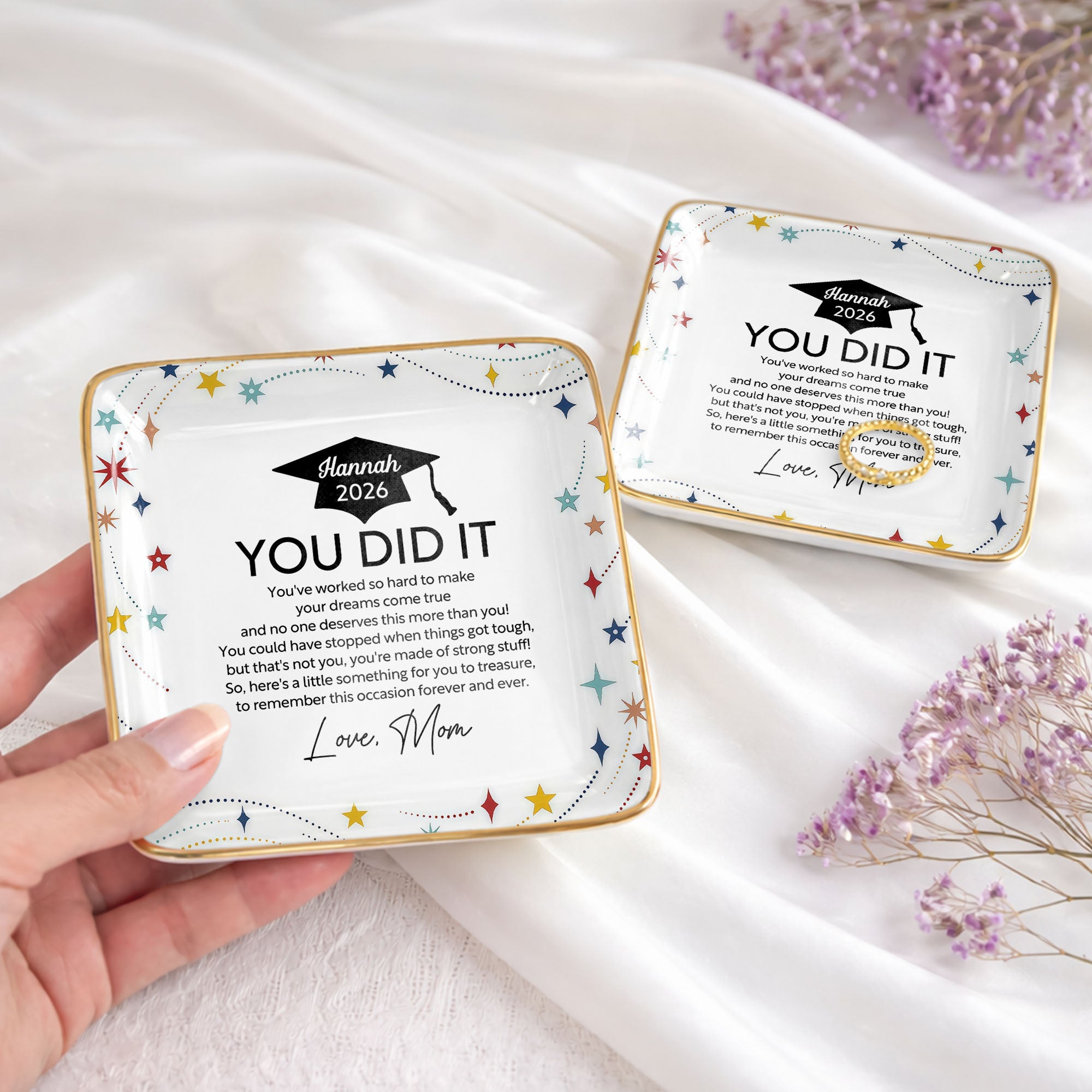 You Did It Graduation Cap And Stars - Personalized Custom Jewelry Dish, Ceramic Dish, Square Shape - GRAD372_SCRF