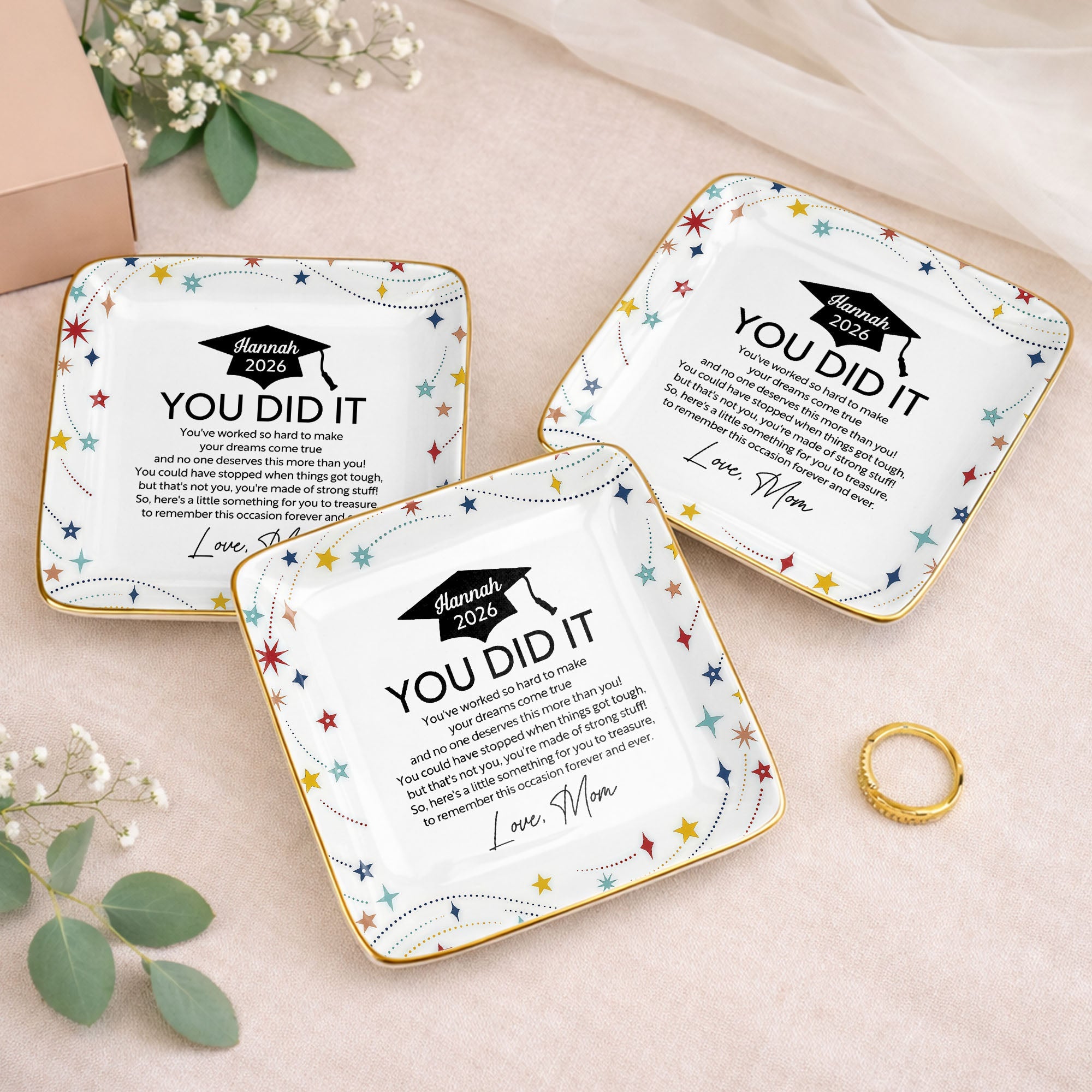 You Did It Graduation Cap And Stars - Personalized Custom Jewelry Dish, Ceramic Dish, Square Shape - GRAD372_SCRF