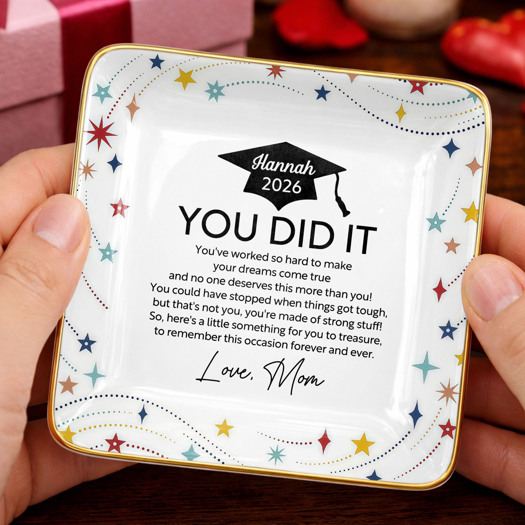You Did It Graduation Cap And Stars - Personalized Custom Jewelry Dish, Ceramic Dish, Square Shape - GRAD372_SCRF