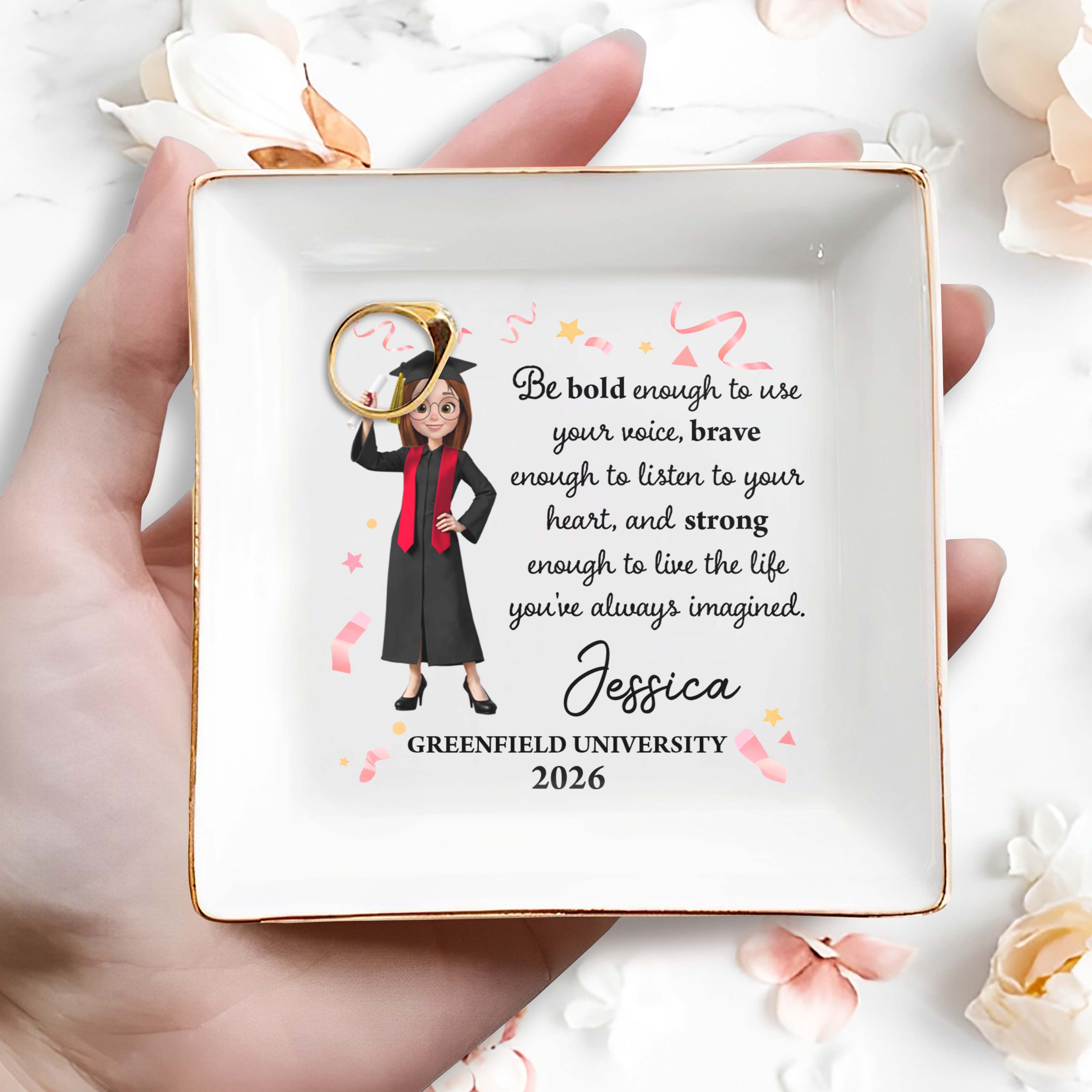 Be Bold Enough To Use Your Voice Graduate Girl Confetti - Personalized Custom Jewelry Dish, Square Ceramic Dish - GRAD390_SCRD