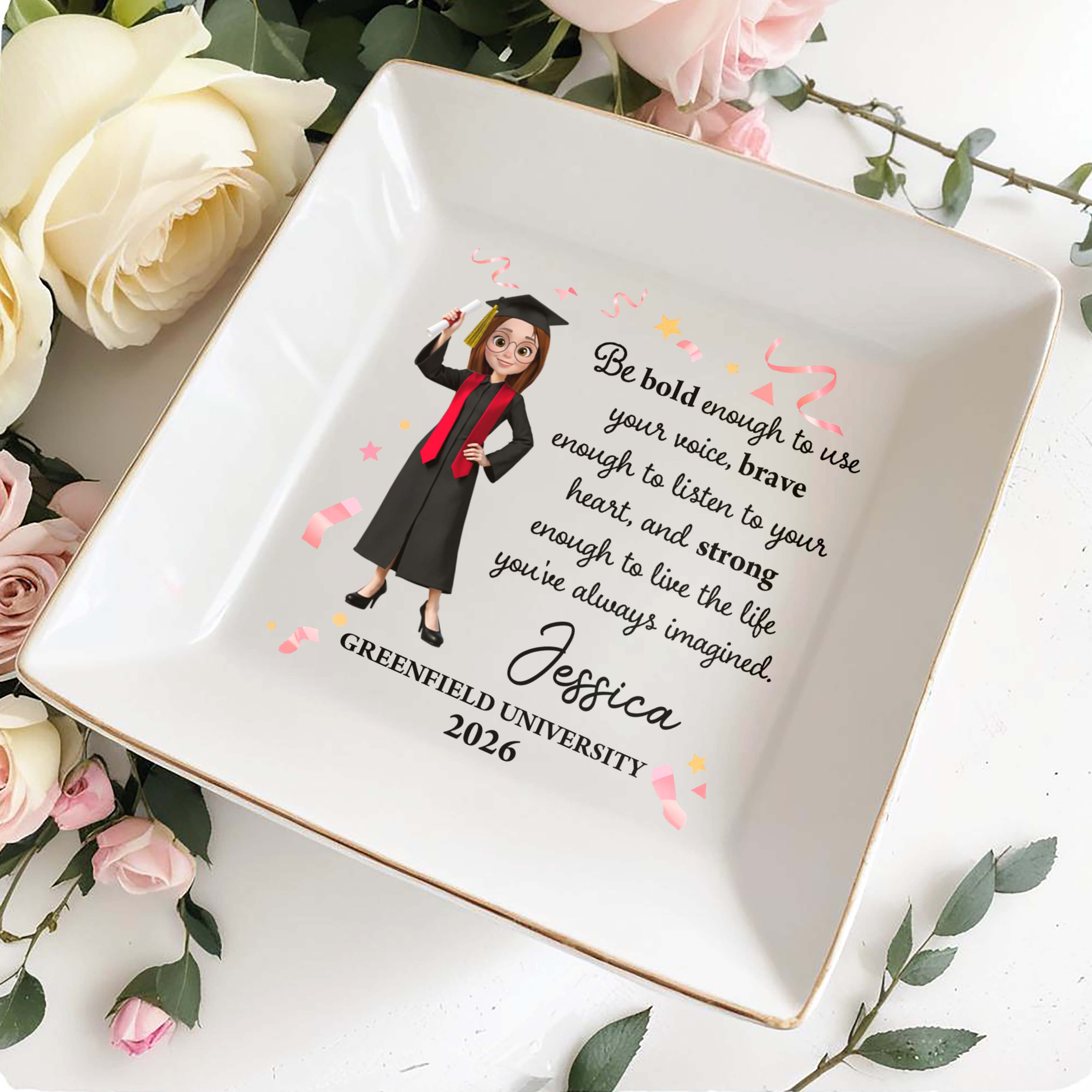 Be Bold Enough To Use Your Voice Graduate Girl Confetti - Personalized Custom Jewelry Dish, Square Ceramic Dish - GRAD390_SCRD