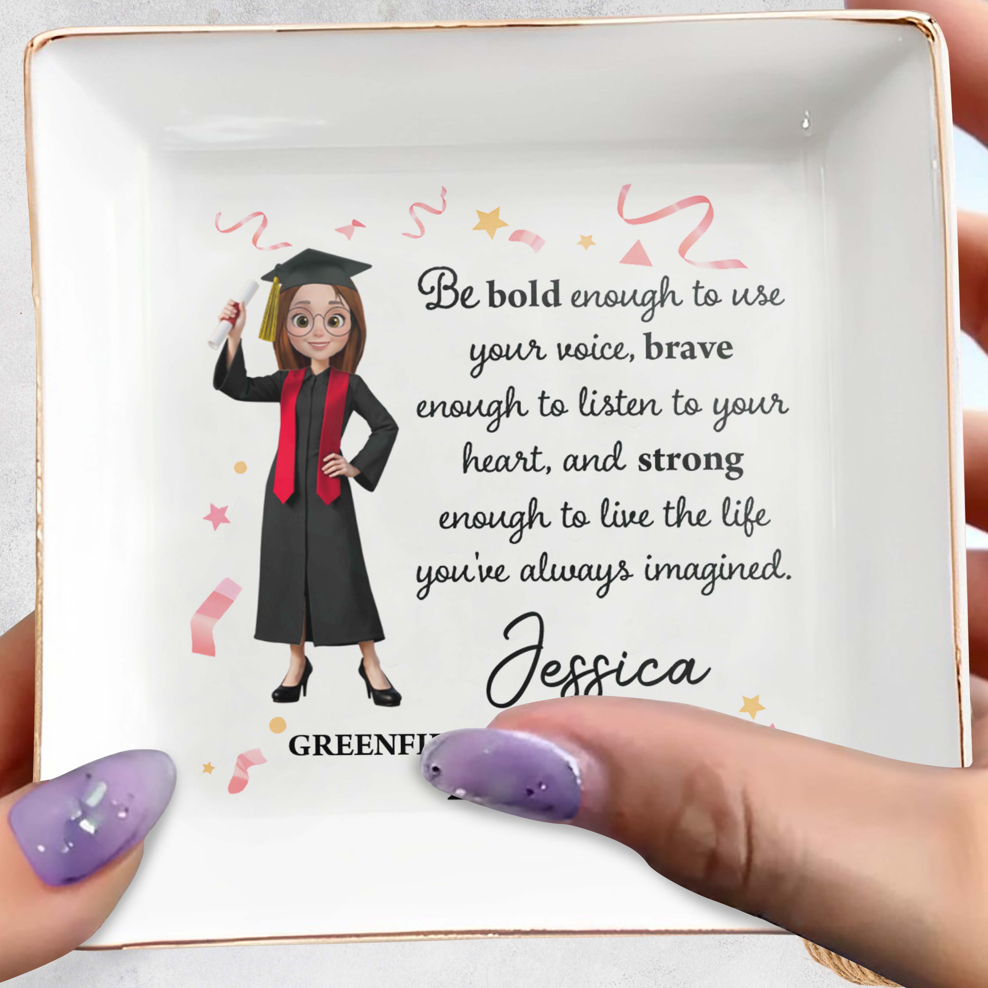 Be Bold Enough To Use Your Voice Graduate Girl Confetti - Personalized Custom Jewelry Dish, Square Ceramic Dish - GRAD390_SCRD