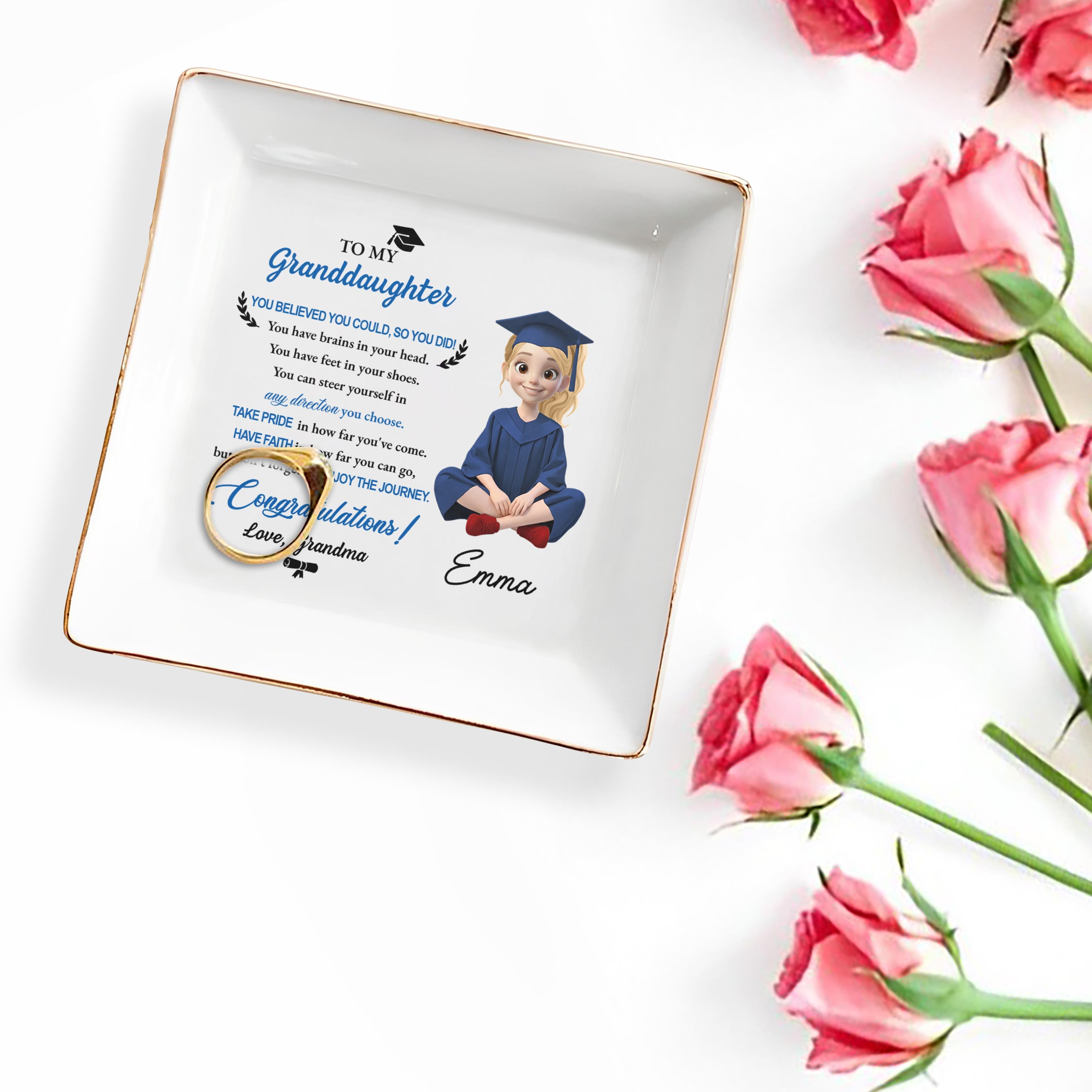 To My Granddaughter You Believed You Could Graduation Girl With Cap And Gown - Personalized Custom Jewelry Dish, Square Ceramic Dish - GRAD399_SCRD