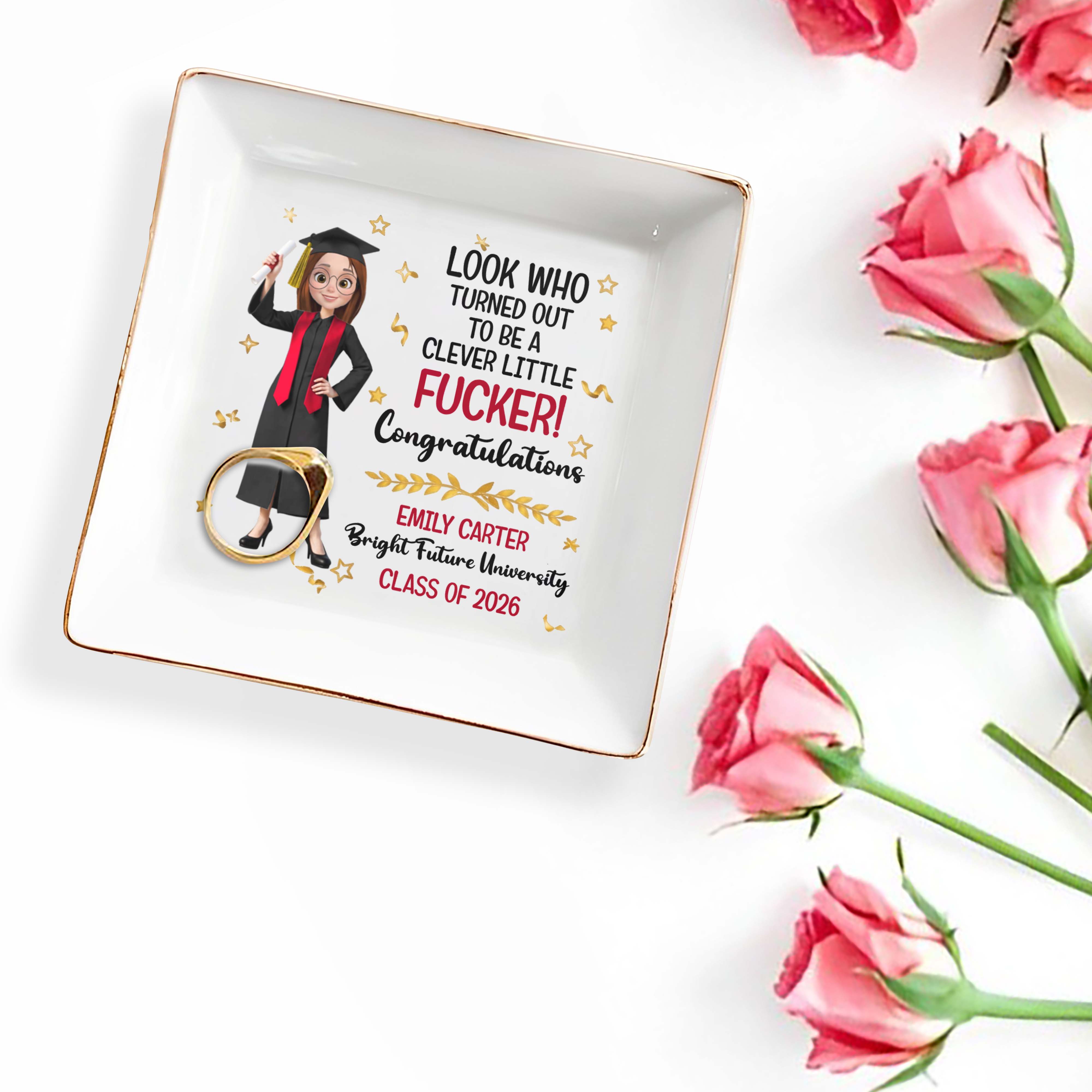 Look Who Turned Out To Be A Clever Little F*cker Graduate Stars - Personalized Custom Jewelry Dish, Square Ceramic Dish - GRAD416_SCRD