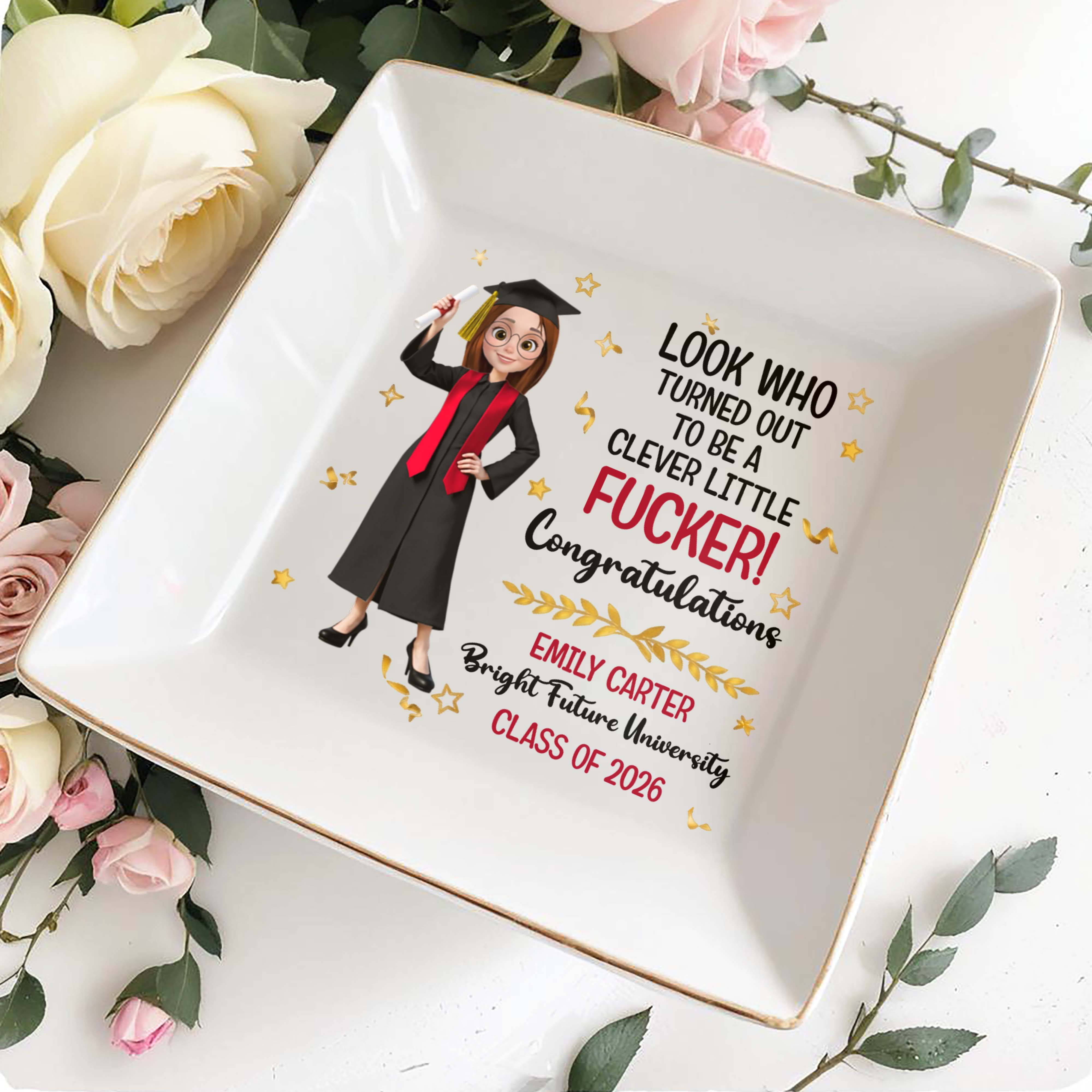 Look Who Turned Out To Be A Clever Little F*cker Graduate Stars - Personalized Custom Jewelry Dish, Square Ceramic Dish - GRAD416_SCRD