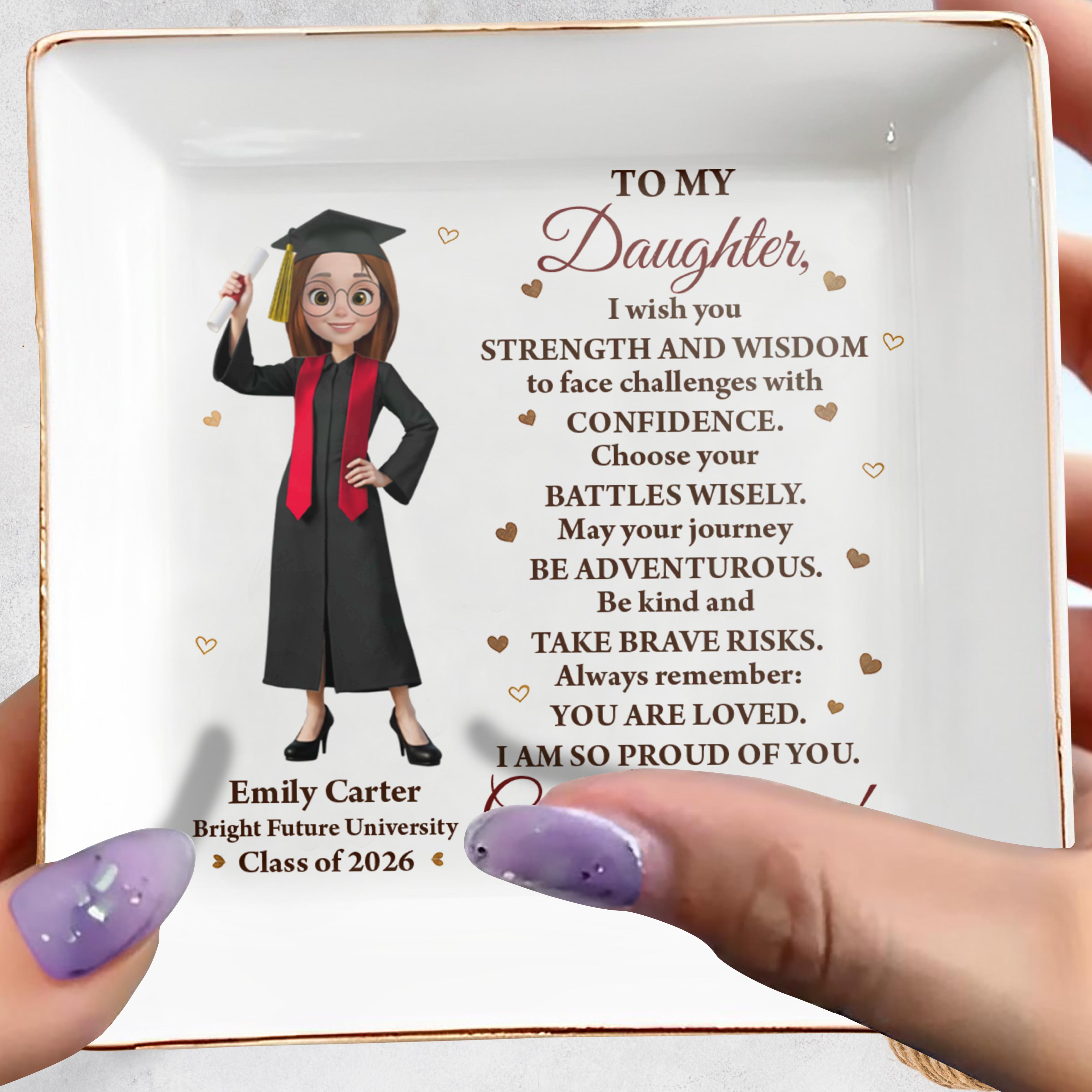 To My Daughter Strength And Wisdom Graduation Girl Ceramic Jewelry Dish - Personalized Custom Jewelry Dish, Square Ceramic Dish - GRAD417_SCRD