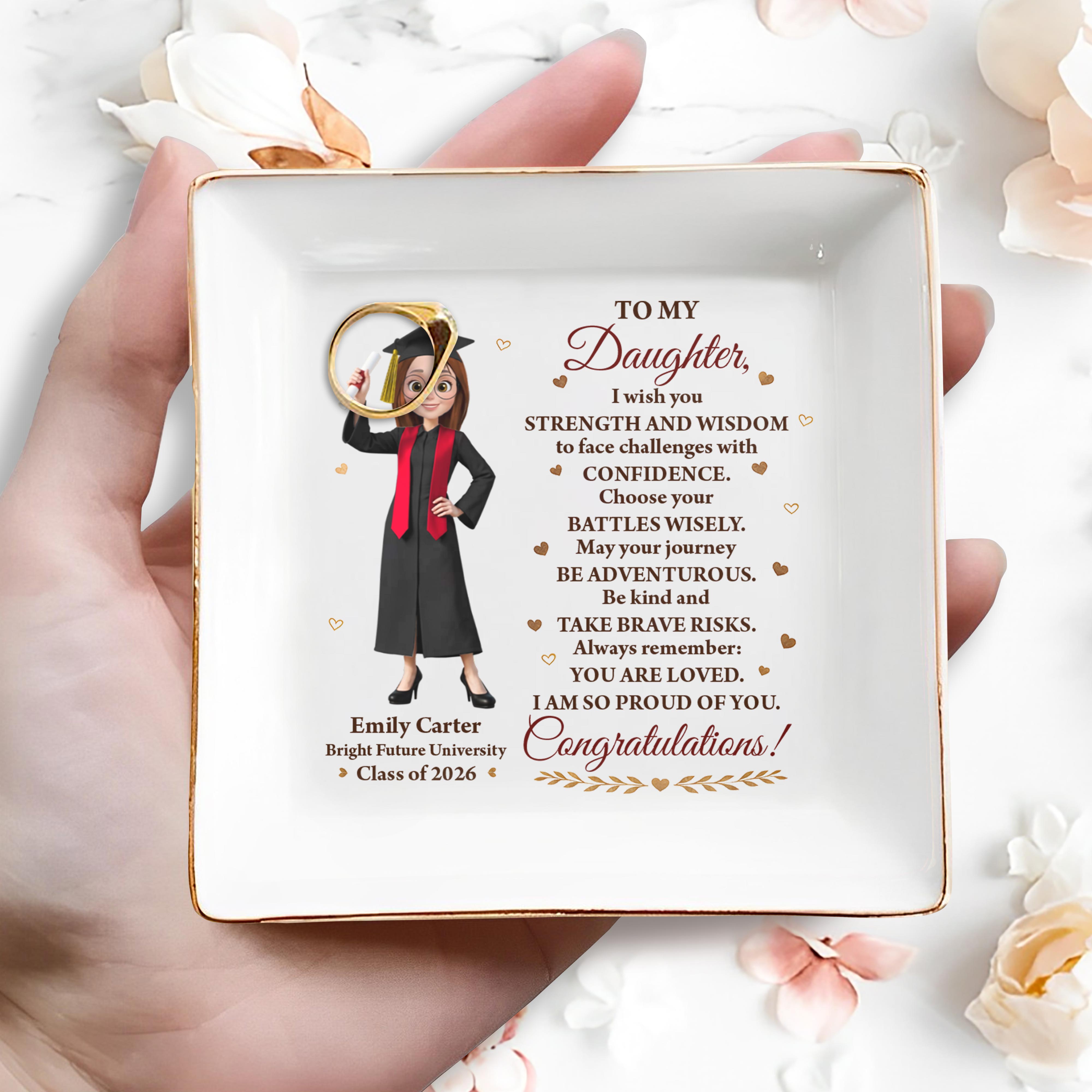 To My Daughter Strength And Wisdom Graduation Girl Ceramic Jewelry Dish - Personalized Custom Jewelry Dish, Square Ceramic Dish - GRAD417_SCRD