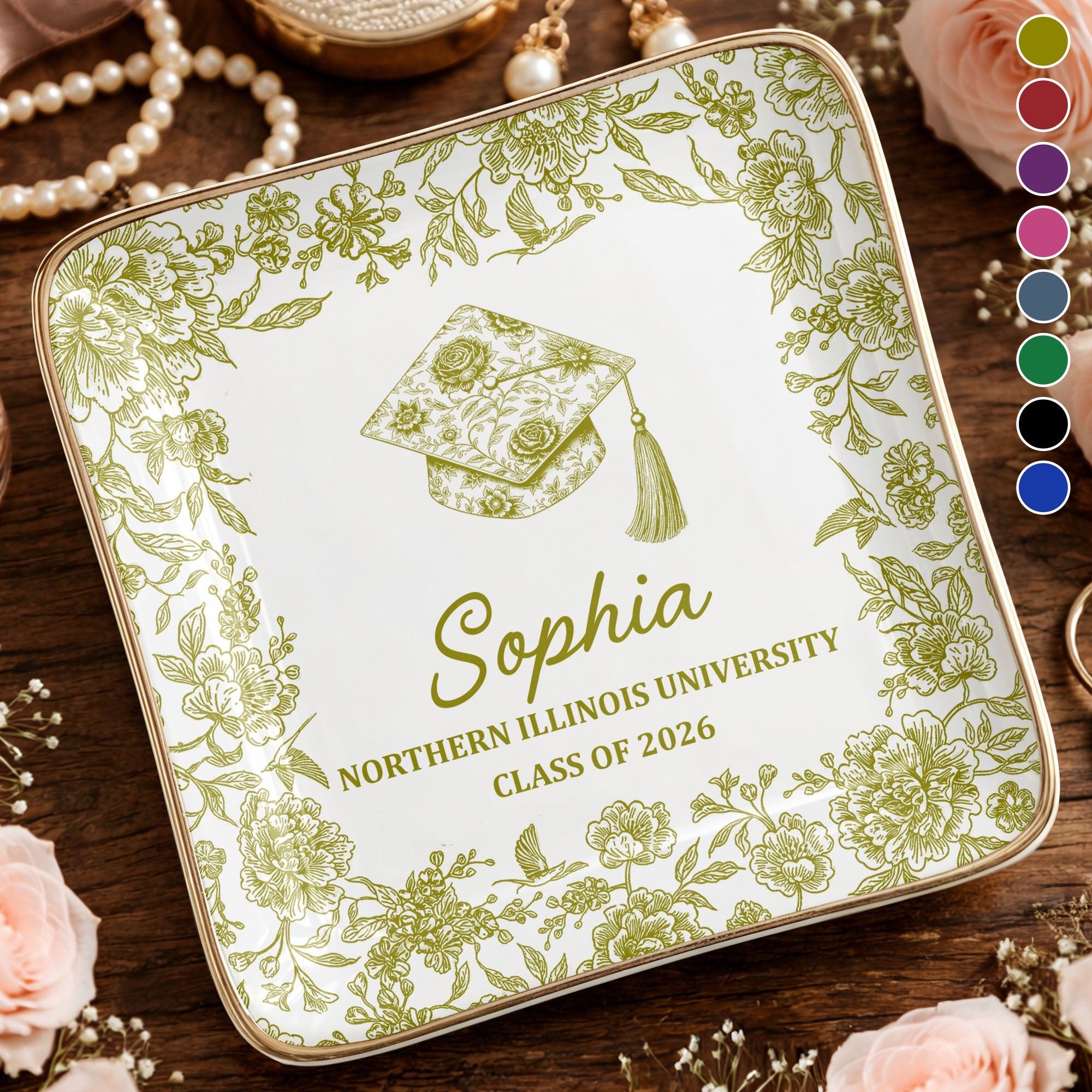 Class Of University Graduation Flowers And Graduation Cap Design - Personalized Custom Jewelry Dish, Ceramic Dish, Square Shape - GRAD441_SCRF