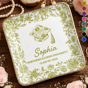 Class Of University Graduation Flowers And Graduation Cap Design - Personalized Custom Jewelry Dish, Ceramic Dish, Square Shape - GRAD441_SCRF