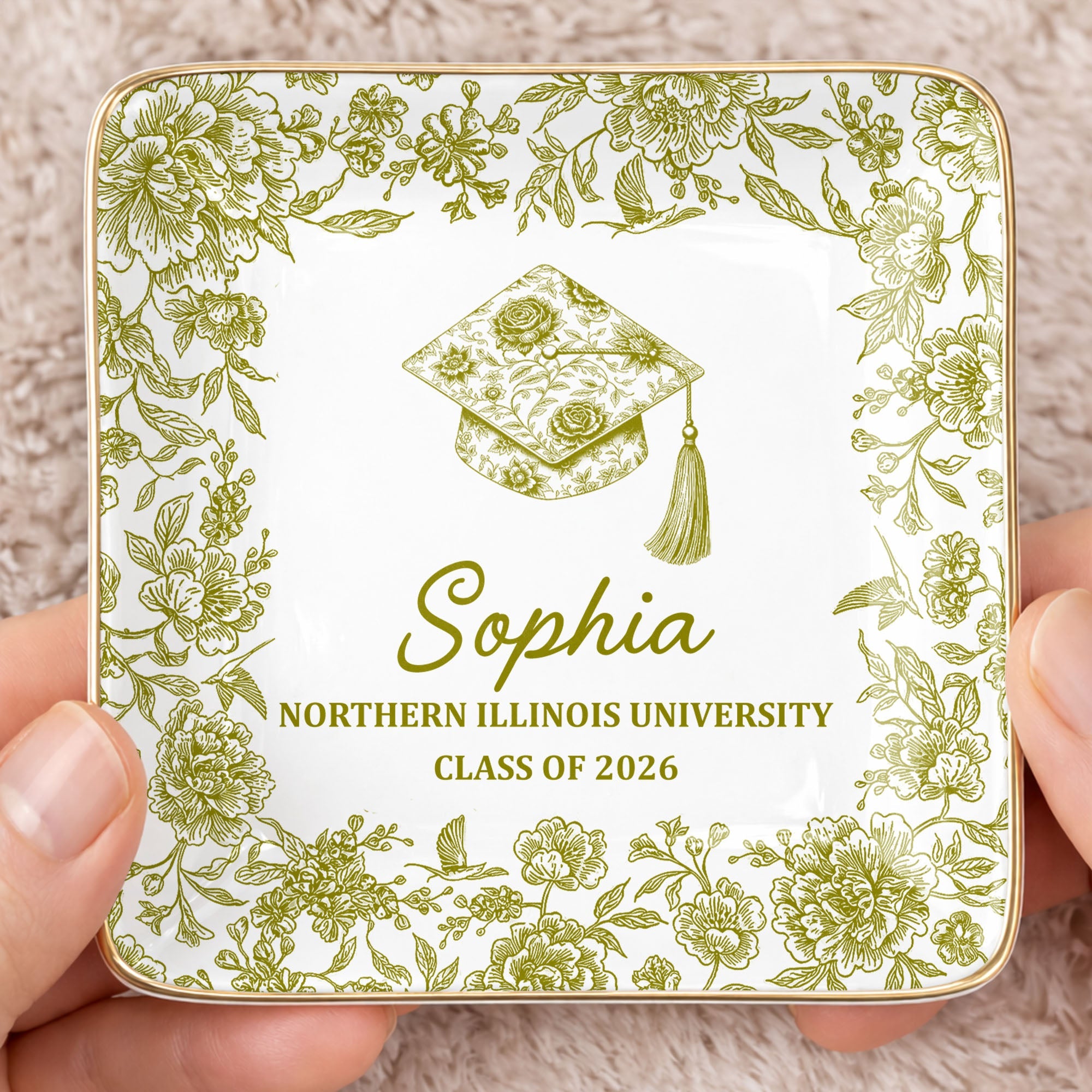 Class Of University Graduation Flowers And Graduation Cap Design - Personalized Custom Jewelry Dish, Ceramic Dish, Square Shape - GRAD441_SCRF